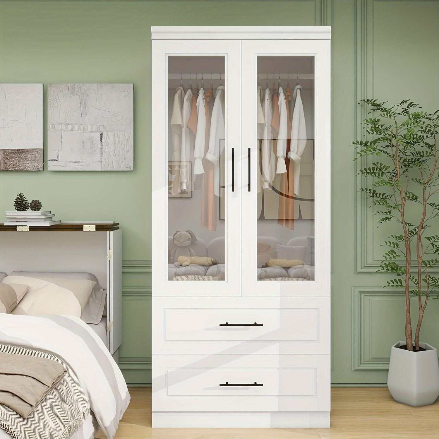 71" High White Wooden Wardrobe with Transparent Doors - Spacious Bedroom Armoire Closet Featuring 2 Drawers & Hanging Rods, Ideal for Stylish Storage, Bedroom Decor And Accessories