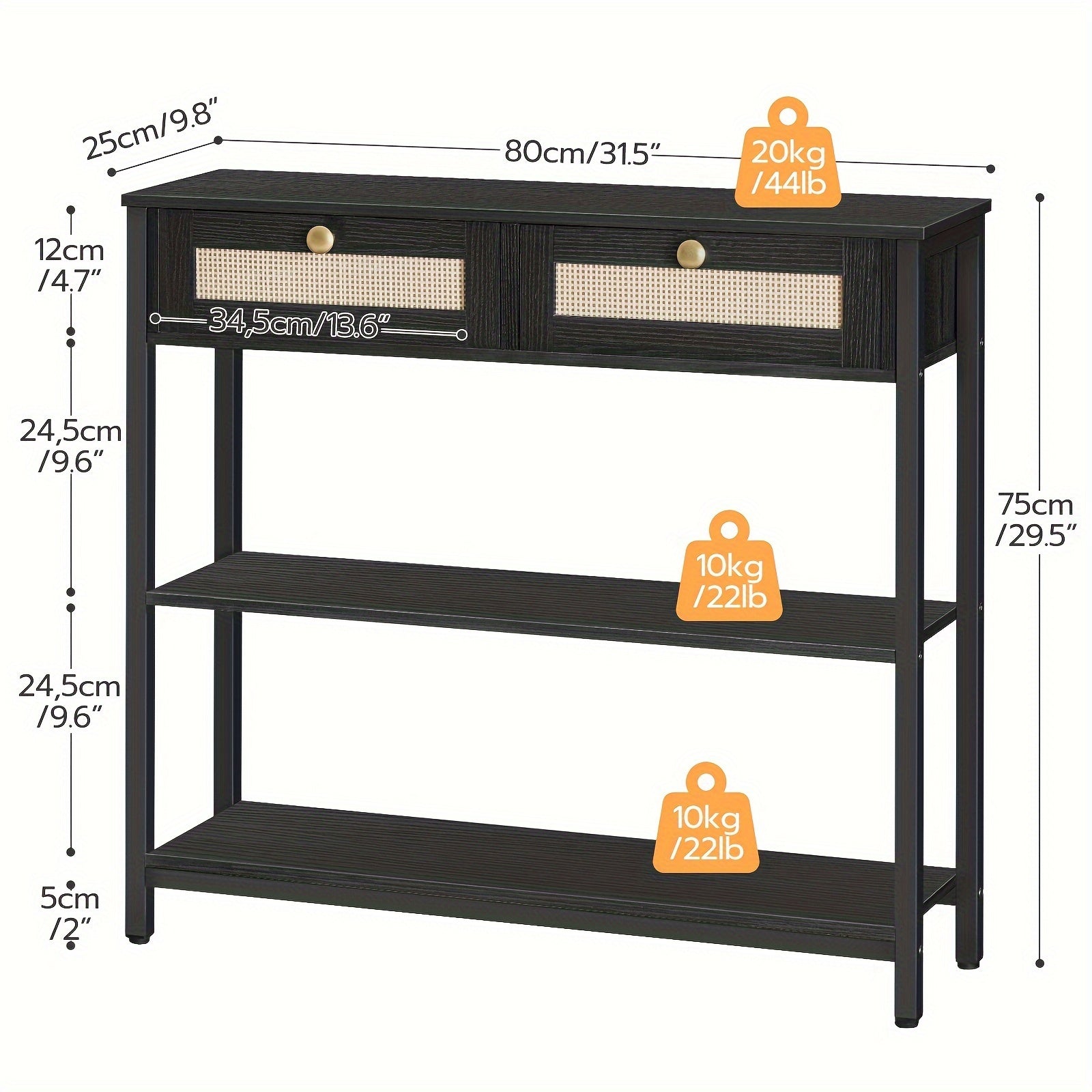 1pc Vintage Style Narrow Console Table with Rattan-Like Woven Detail, 31.5-Inch Sofa Table with 2 Flip-Down Drawers and 3 Open Shelves, Multi-Functional Entryway Table with Metal Frame and Hardwood Top