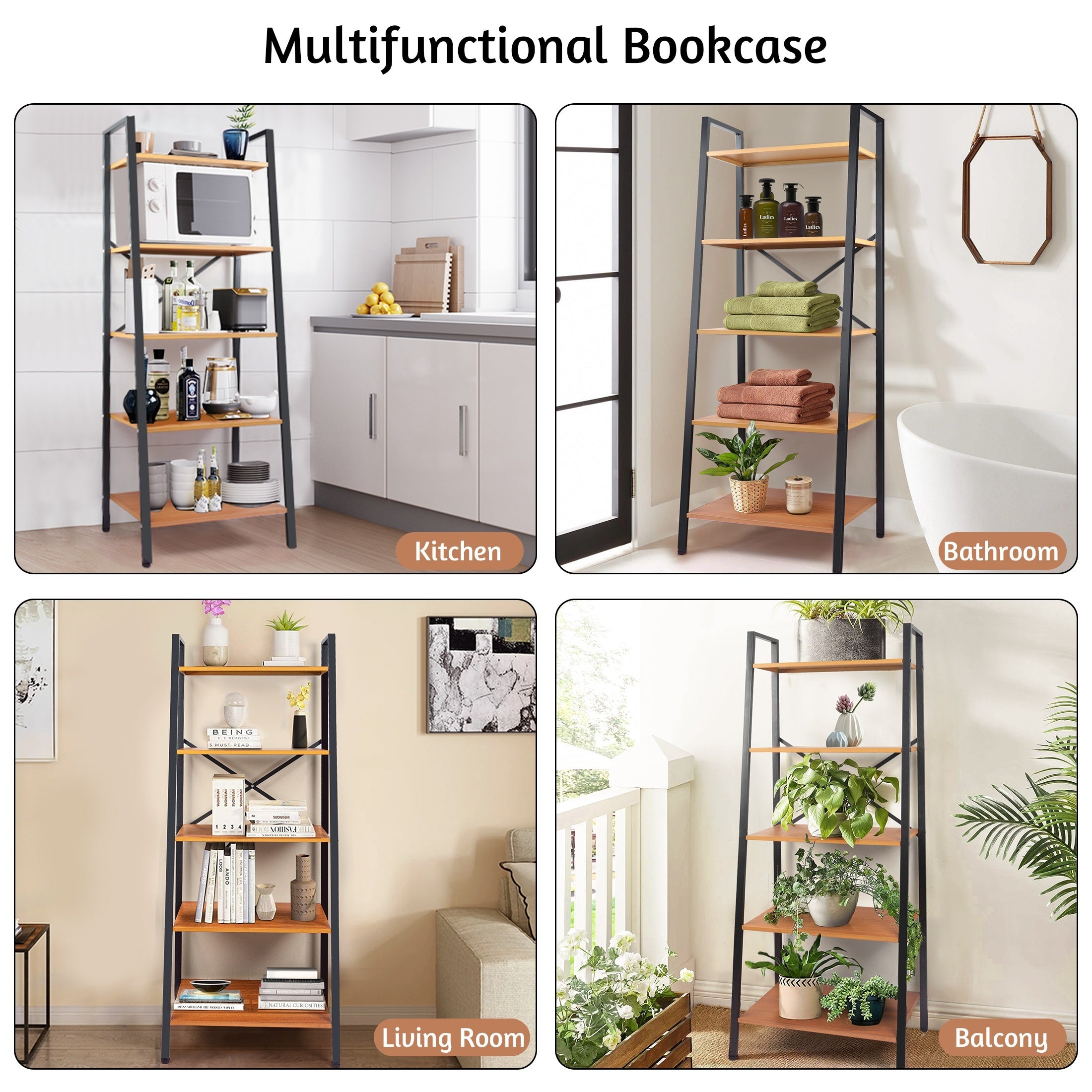 Ladder Shelf 5-Tier Free Standing Bookshelf With Adjustable Feet Metal Bookcase For Kitchen Bathroom Garage Small