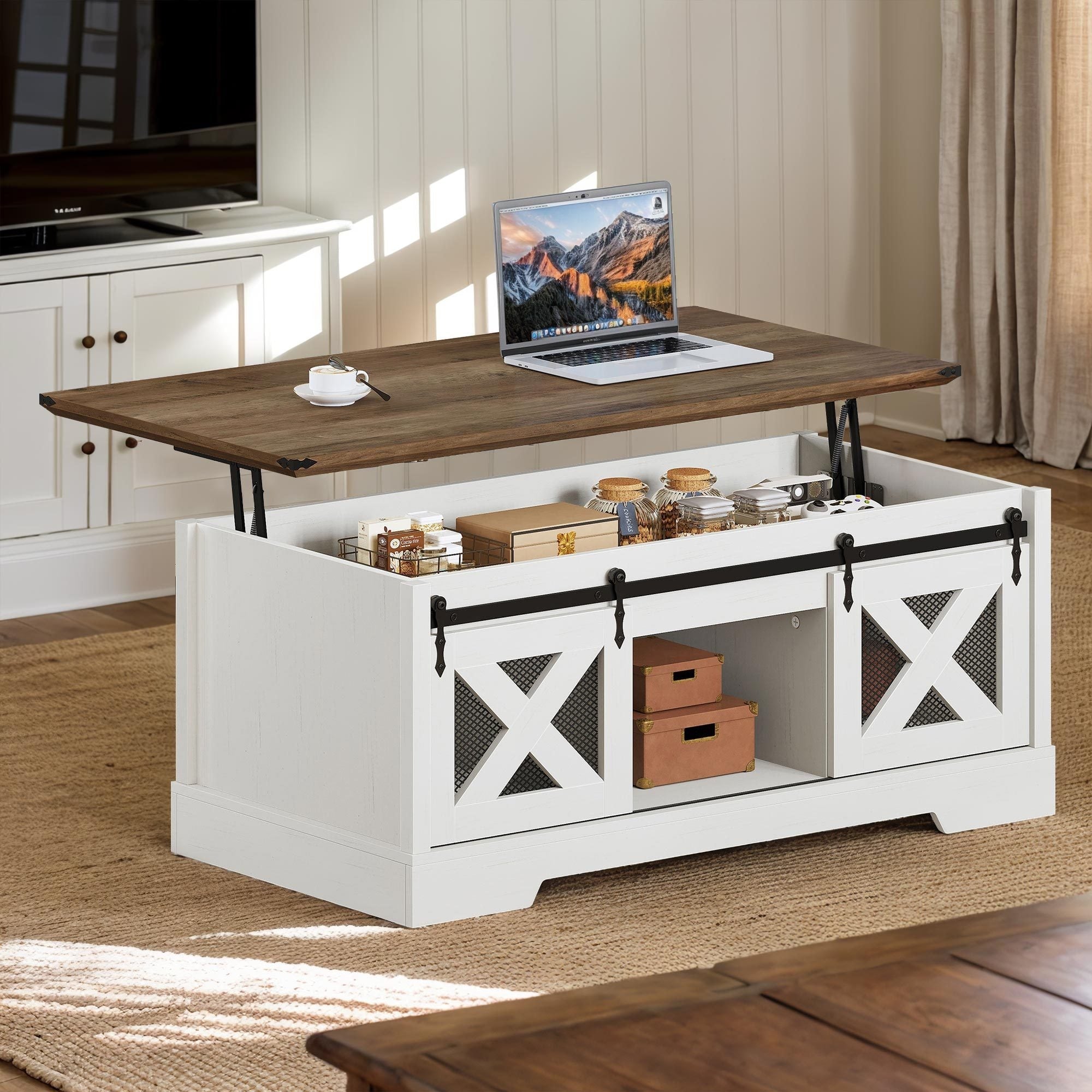 Farmhouse Lift Top Coffee Table with Storage Rustic Center Table for Living Room - White & Brown - Coffee Tables