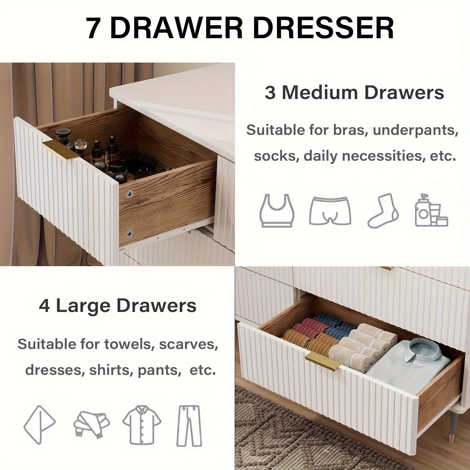 7 Drawer Dresser for Bedroom with Fluted Panel, With Golden Dresser Handles, Modern Chests of Drawers for Hallway, Entryway