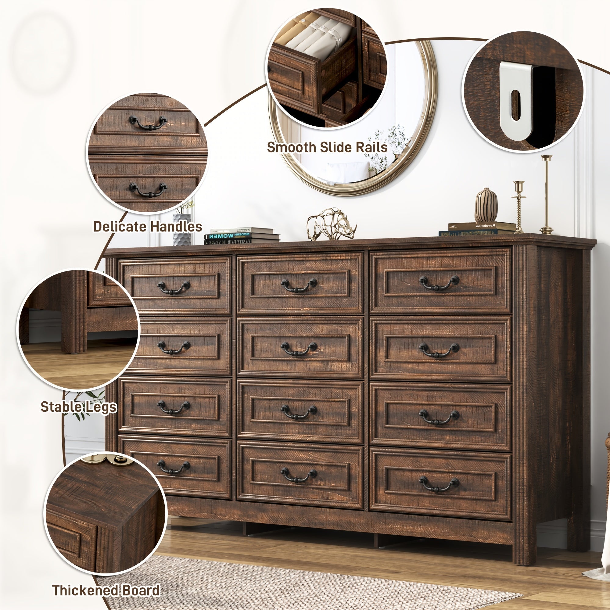 Spacious 160cm Wide Rustic Farmhouse Dresser with 12 Drawers - Vintage Wooden Chest of Storage Natural Textured Finish