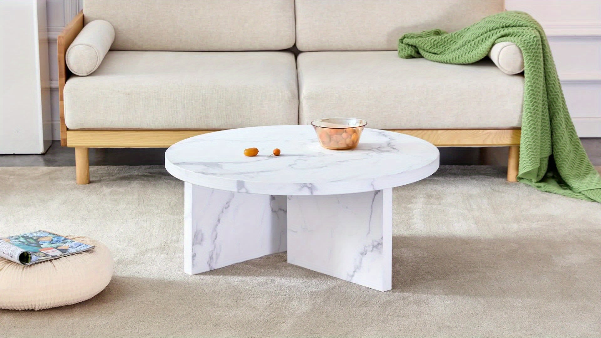 Modern Marble-Look Round Coffee Table For Living Room, Unique Circle Central Table, White Faux Marble Coffee Tables For Home Reception Office Waiting Area