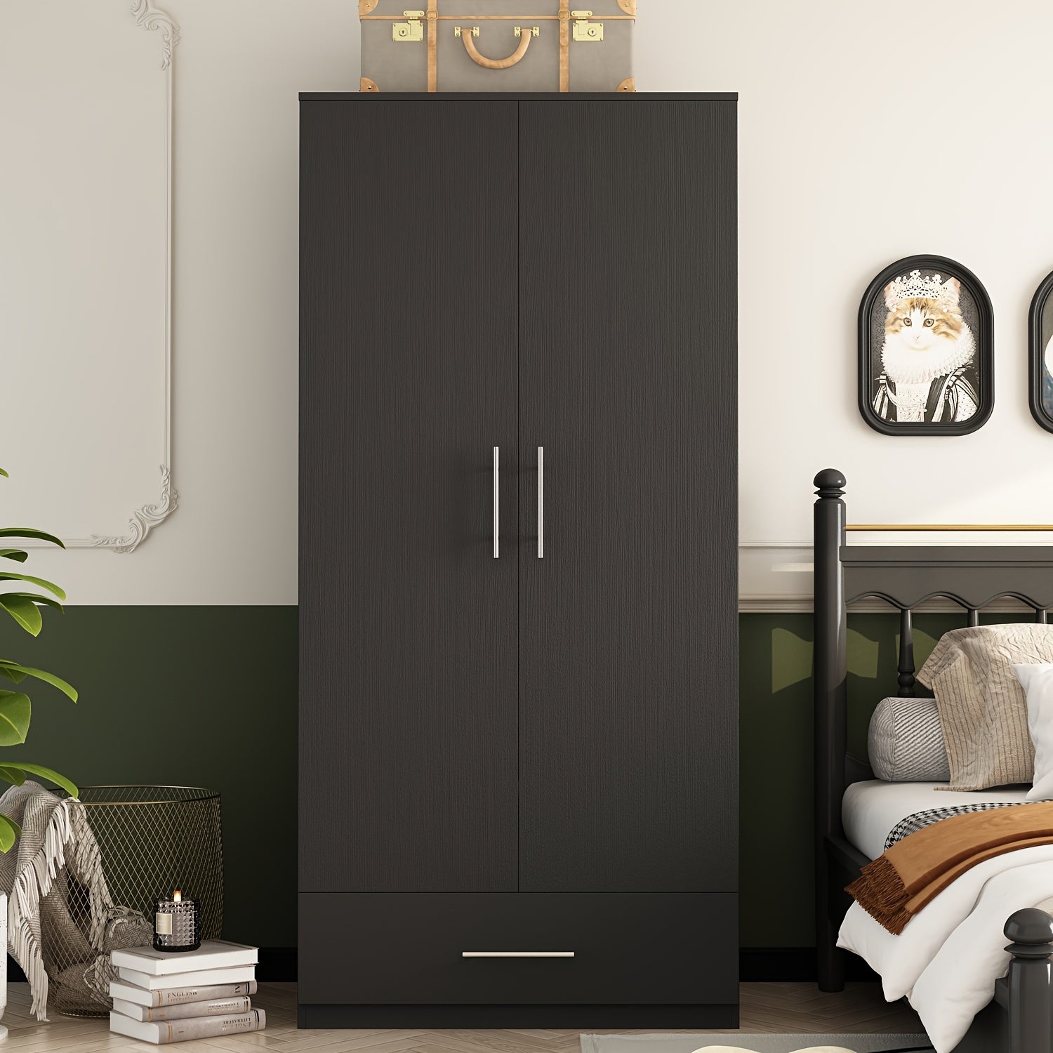 2 Door Wardrobe with Drawers, Independent Wardrobe with Hanging Rods, Bedroom Specific Wooden Clothing Storage Cabinet with Large Storage Capacity