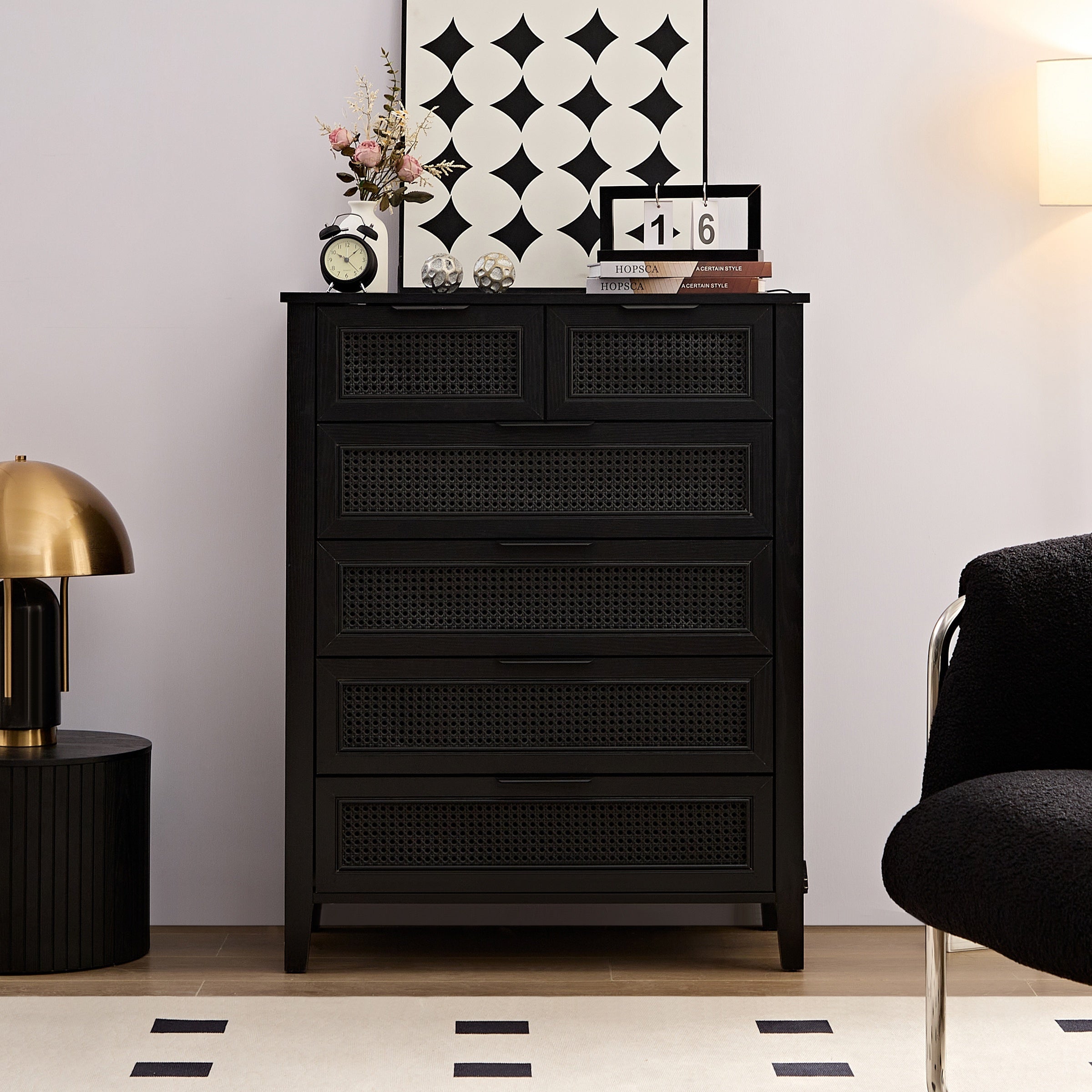 Black Dresser 6 Chests of Drawers for Bedroom Tall Dresser Black Rattan Drawer Dresser Modern 6 Drawer Dresser