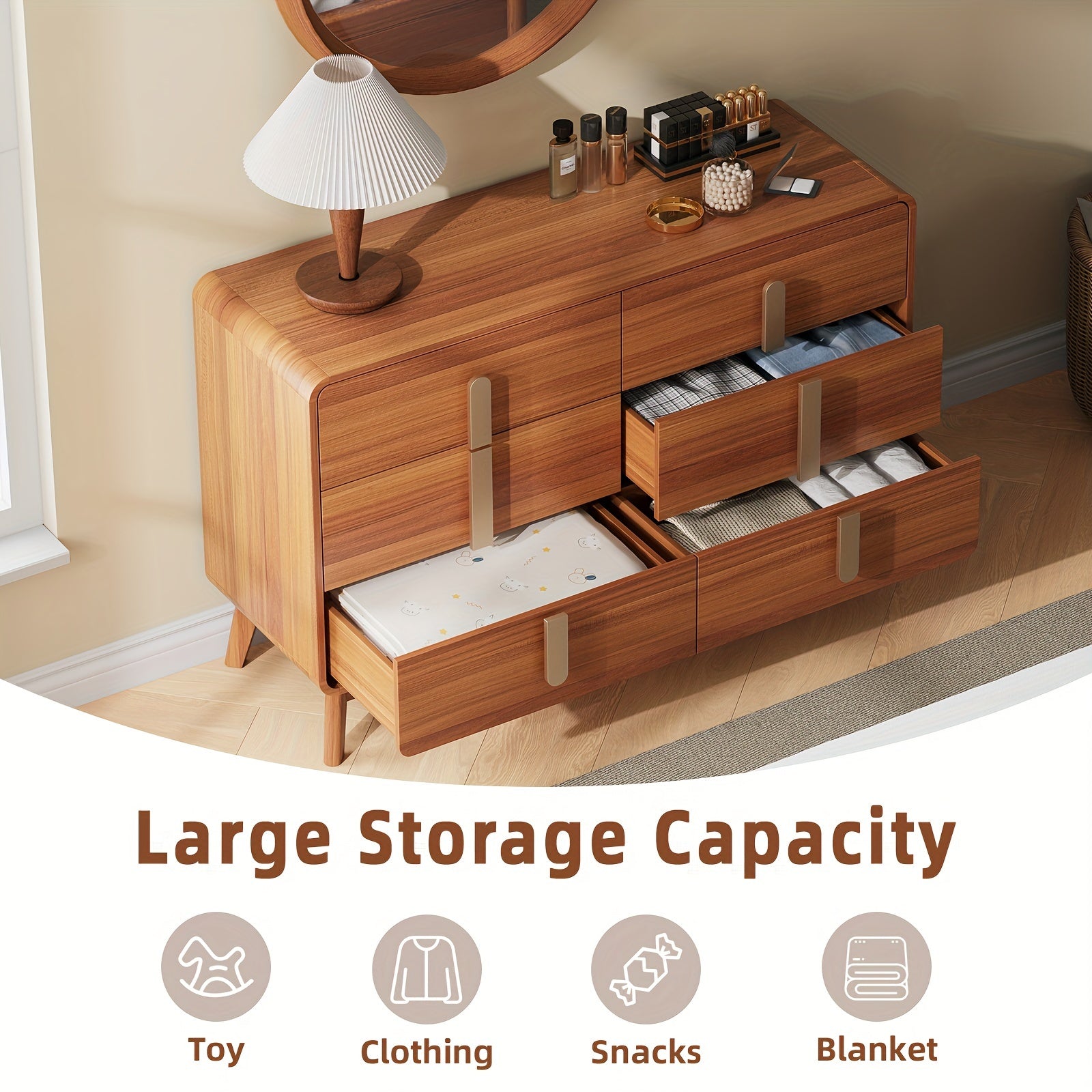 Mid-Century Modern 5/6 Drawer Dresser - Cherry Wood Finish 47.2’’ Tall with Metal Handles for Bedroom Living Room &