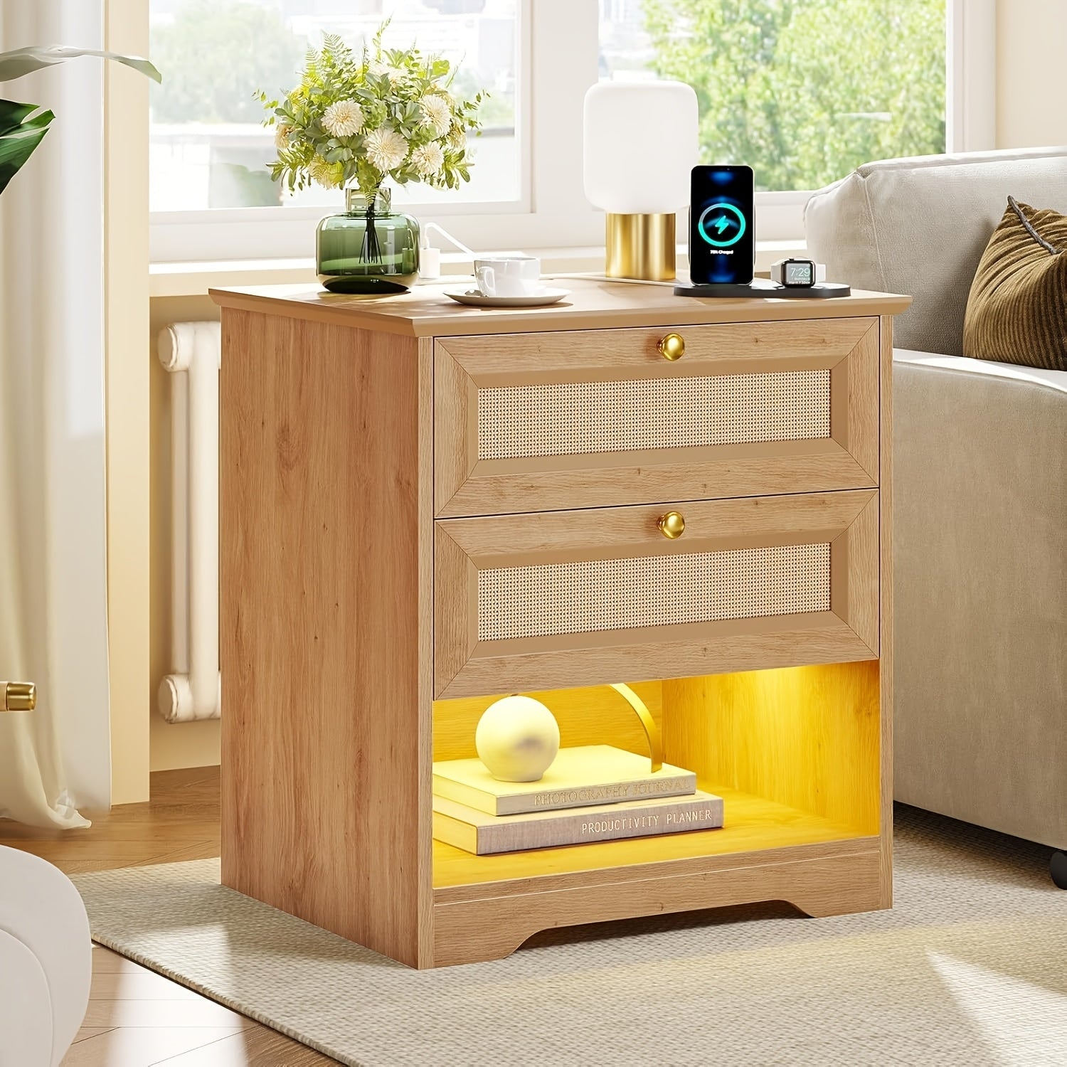 Rattan Nightstand with 2 Drawers, Open Storage Cubby and LED Lights, Bedside Table for Bedroom