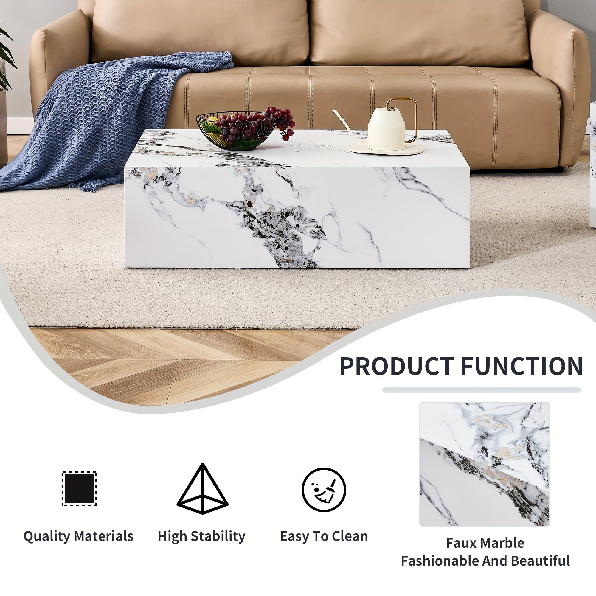 40 Inch Modern Coffee Table With Marble Pattern, Tea Table With Stylish And Durable Design For Living Room, Dining Room And Bedroom (White).