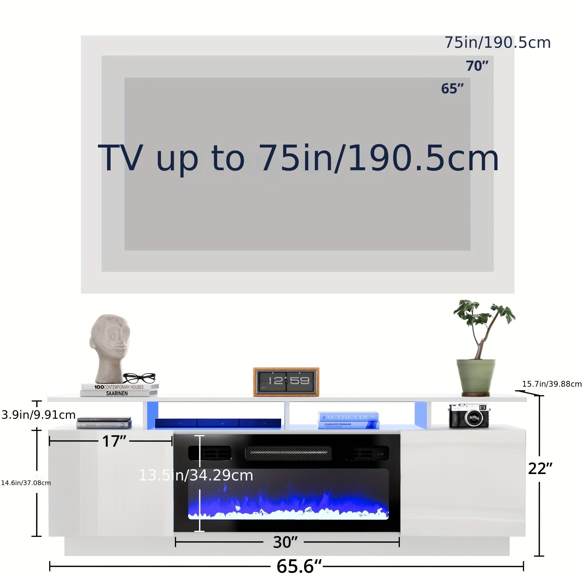 White/black Fireplace TV Stand, Smile Back Fireplace TV Cabinet For TV 60/70/75", Multicolor LED/flame Fireplace TV Stand With Charging Station For Living Room, Bedroom, Partty, Gift