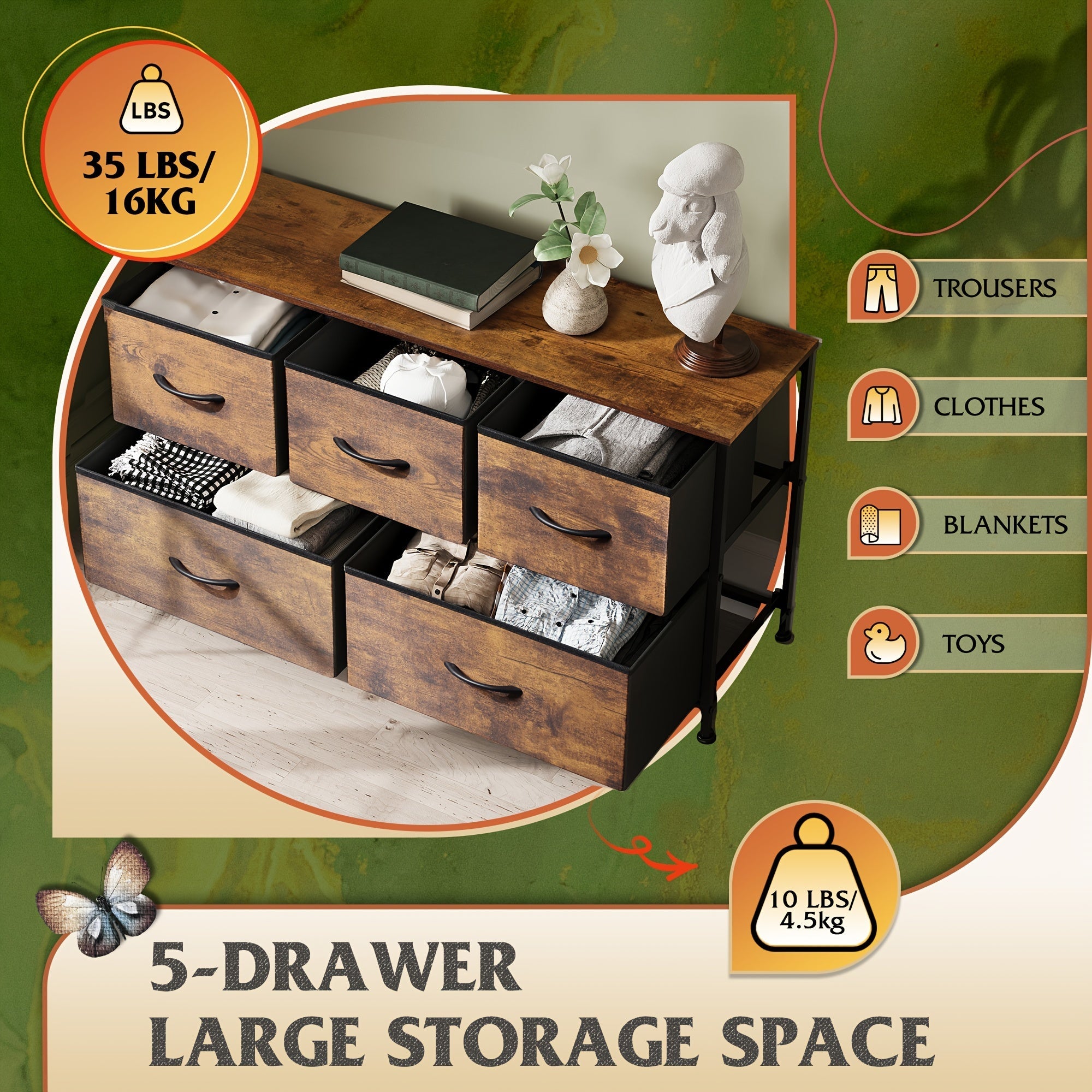 Dresser for Bedroom with 5 Drawers Wide Chest of Drawers Fabric Dresser Storage Organizer Unit with Fabric Bins