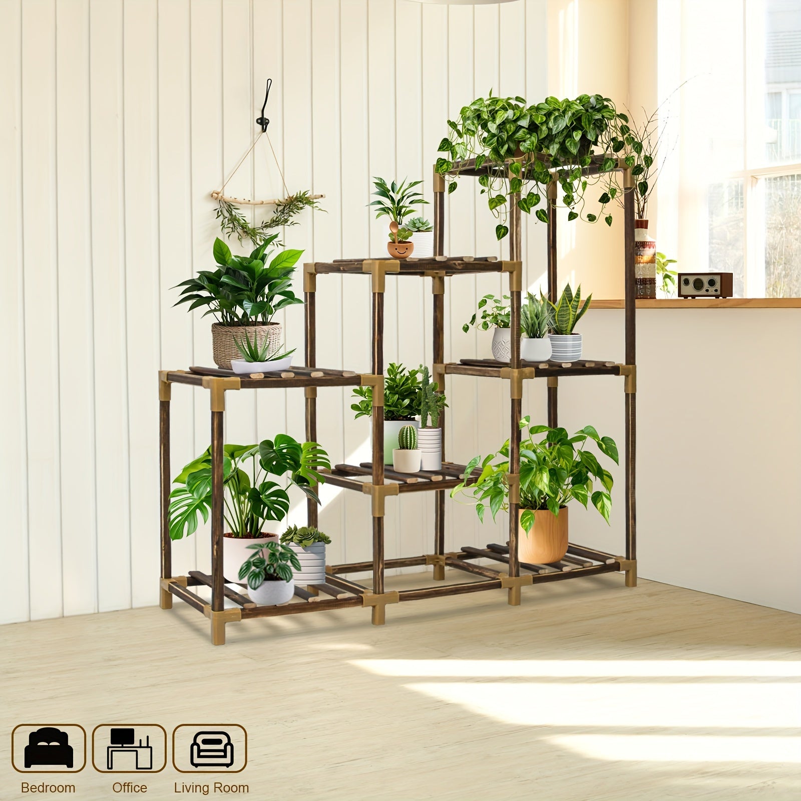 Plant Stand Indoor, 3-Tier Outdoor Wood Plant Stand for Multiple Plants, Accommodates 7 Potted Plants, Ideal for Gardens, Room Corners and Plant Gardening Gifts