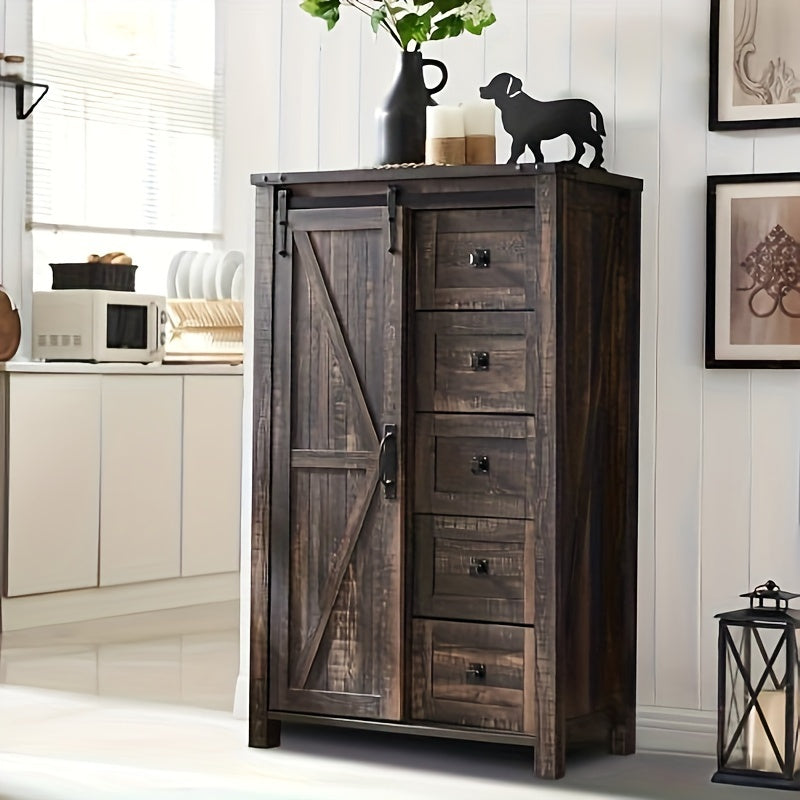 5 Drawers Dresser For Bedroom W/Sliding Barn Door Farmhouse Modern Tall Dresser 5 Chest Of Drawers Storage Organizer