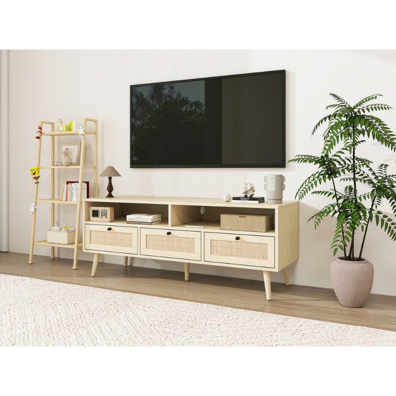 Rattan TV Stand with Solid Wood Feet, TV Console Table for Living Room, Natural