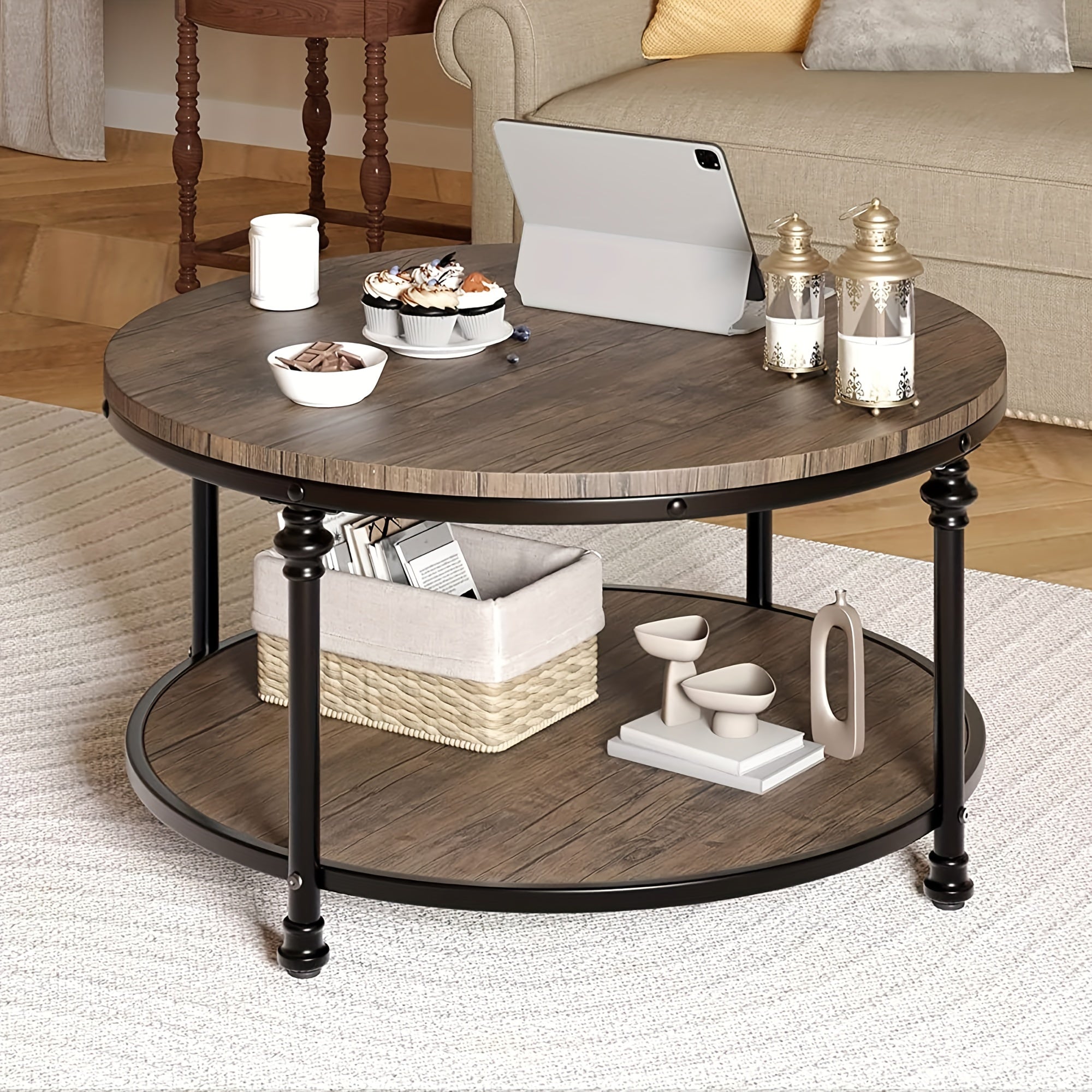 Round Coffee Table Rustic Center Table With Storage Shelf 2-Tier Industrial Accent Center Table Wood Circle Coffee