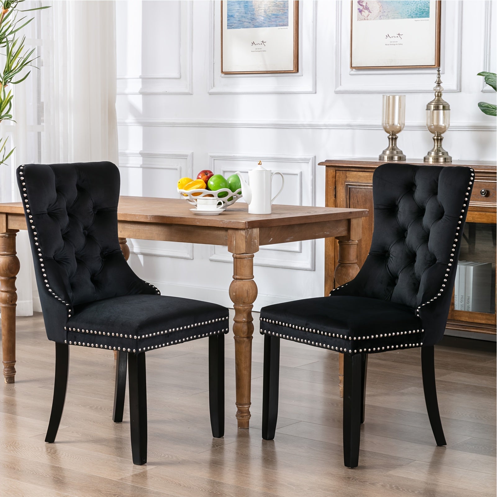 2pcs Dining Chair Set, Upholstered Dining Room Chairs with Nailhead Back Ring Pull Trim and Solid Wood Legs, Luxury Tufted Diner Chairs for Kitchen, Bedroom, Dining Room