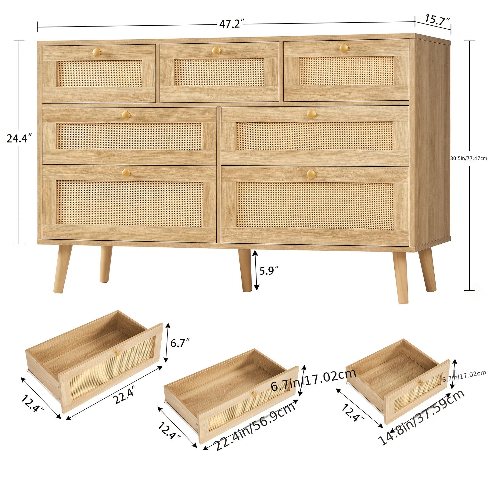 Rattan Dresser For Bedroom, 7 Drawer Dresser With Metal Slides, Rattan Closet Dressers Chest Of Drawers For Bedroom, Living Room, Entryway, Natural