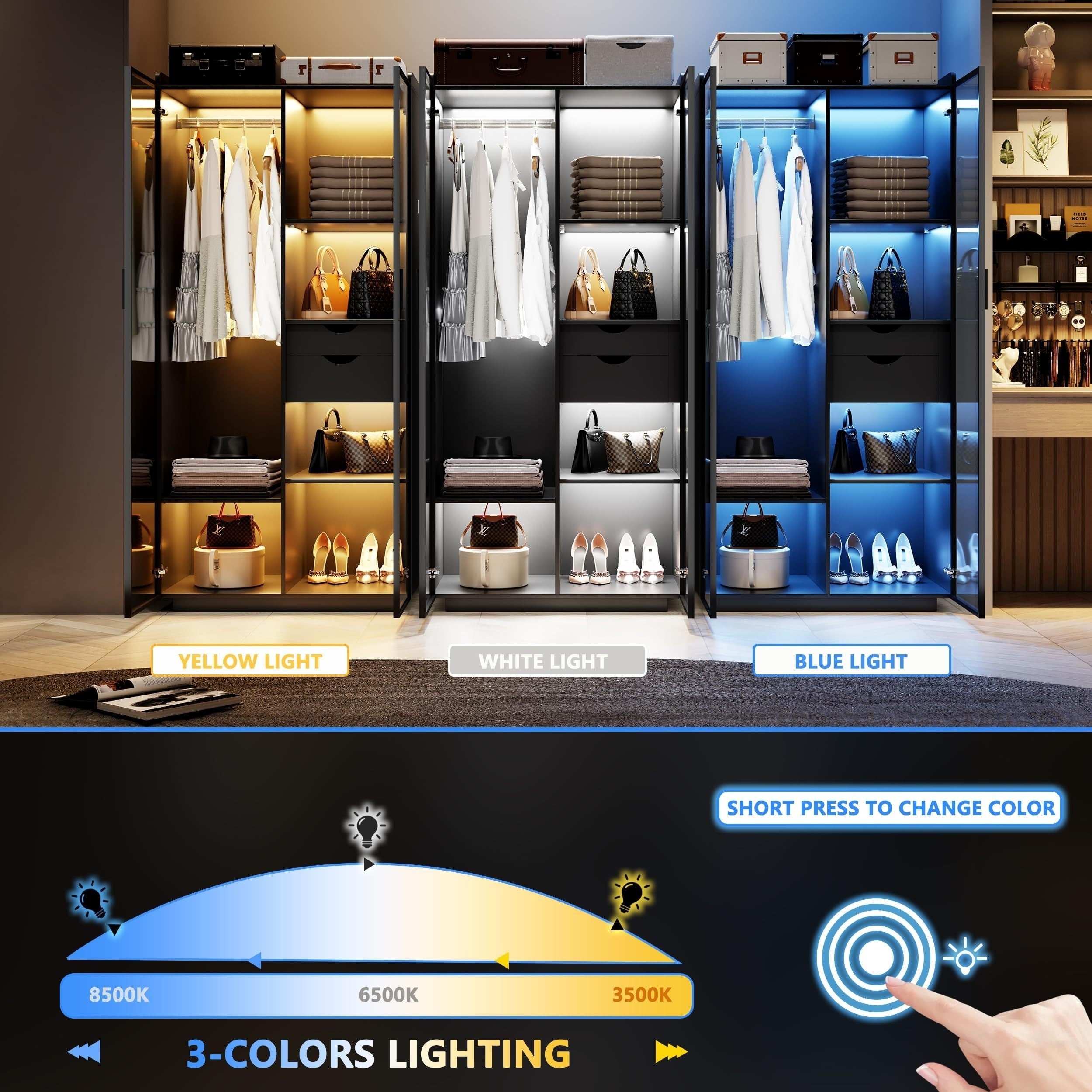 Storage Cabinet With 3 Color LED Lights - Organizer With Human Sensor Design - 2 Drawers&6 Shelves - Wardrobe Armoire