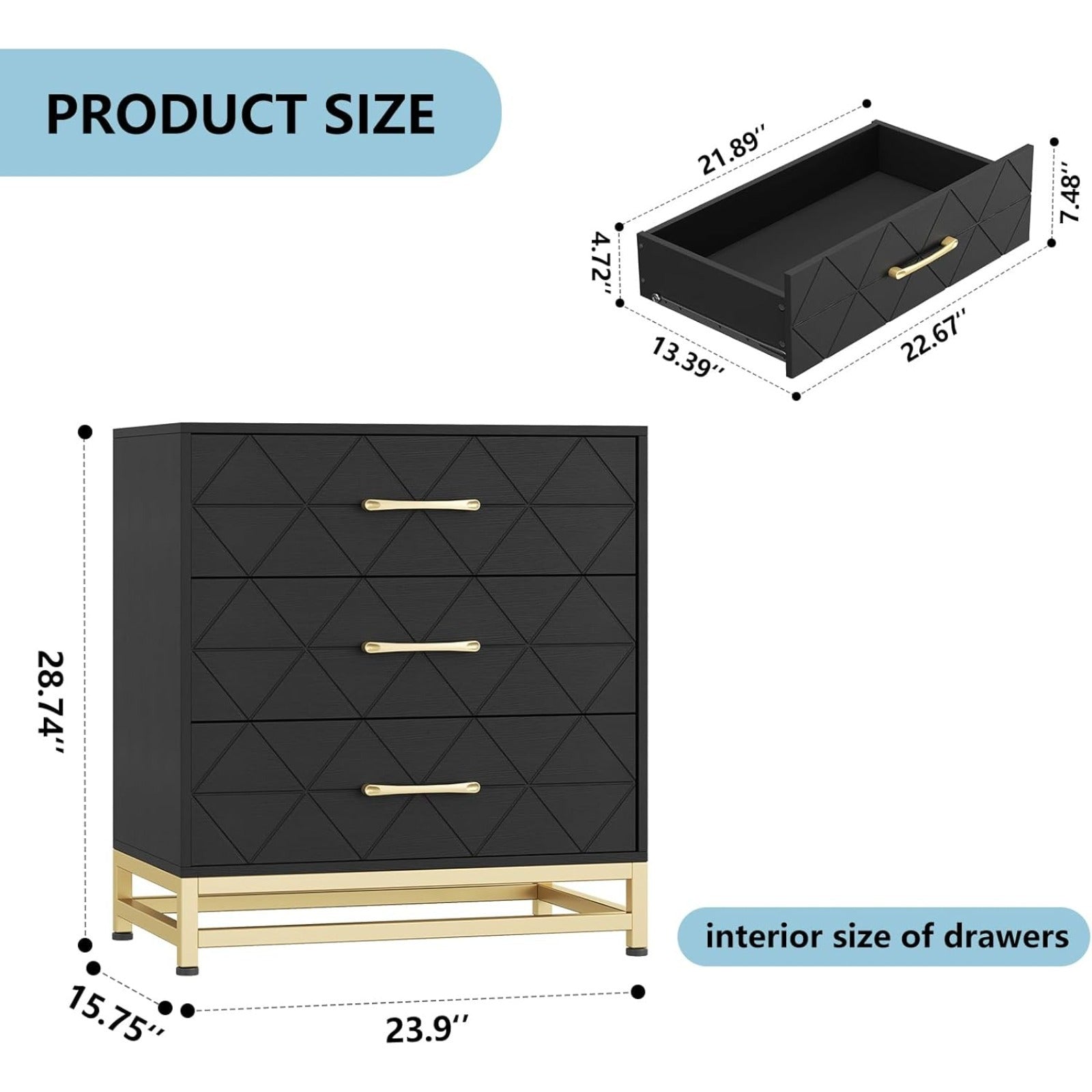 3 Drawer Dresser Chest Drawers with Storage for Closet Bedroom Drawers Dresser Modern Bedside Nightstand with Gold