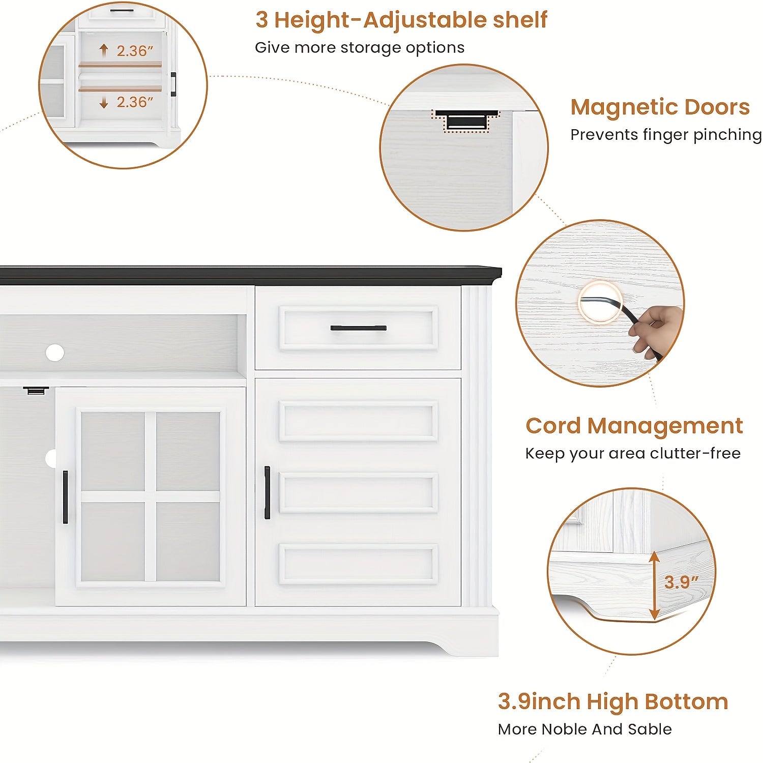 Modern Media TV Stand 66" for 75 Inch TV - Entertainment Center with Adjustable Shelves, Drawers, and Glass Cabinet, White/Blue, Metal, Assembly Required