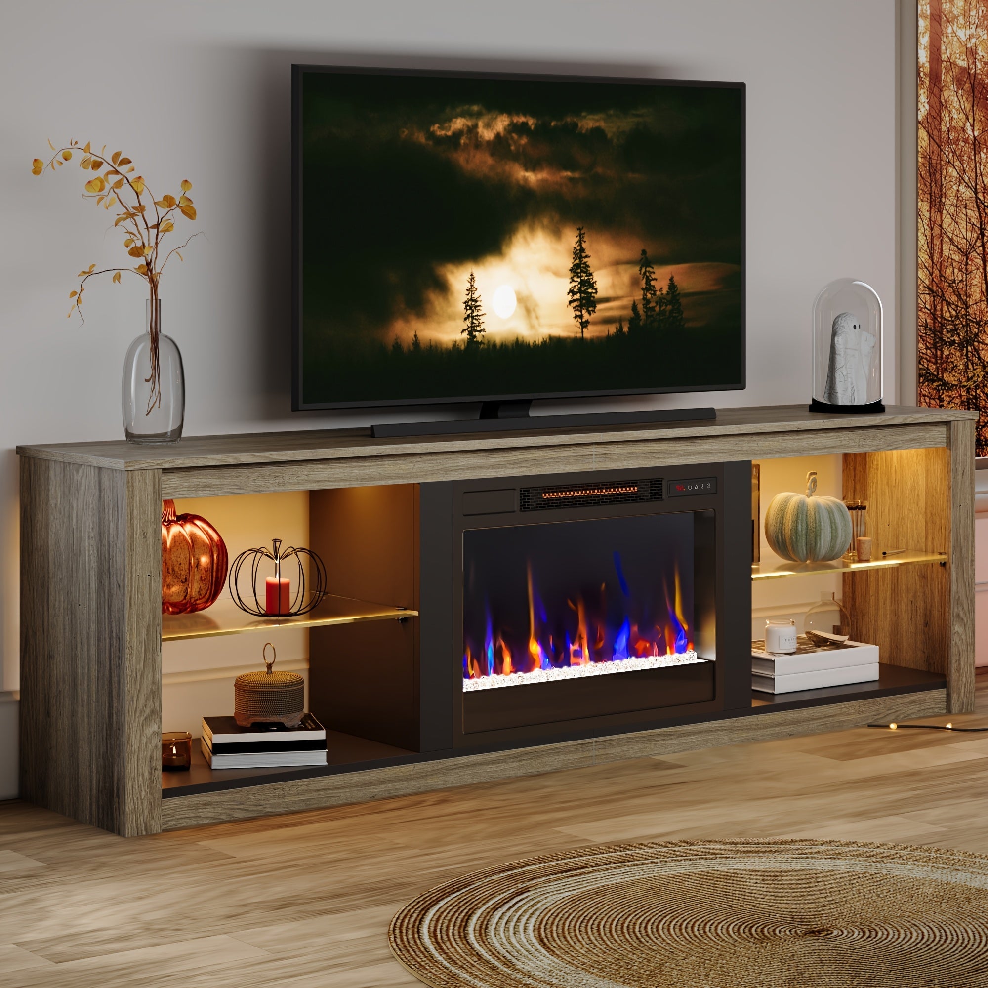 1pc Modern 70" Hardwood TV Stand with Electric Fireplace, LED Lights, and Storage Shelves - Particle Board Construction, Metal Frame, Independent Design, US Plug, 110V, for Living Room and Bedroom, Fireplace Tv Stand