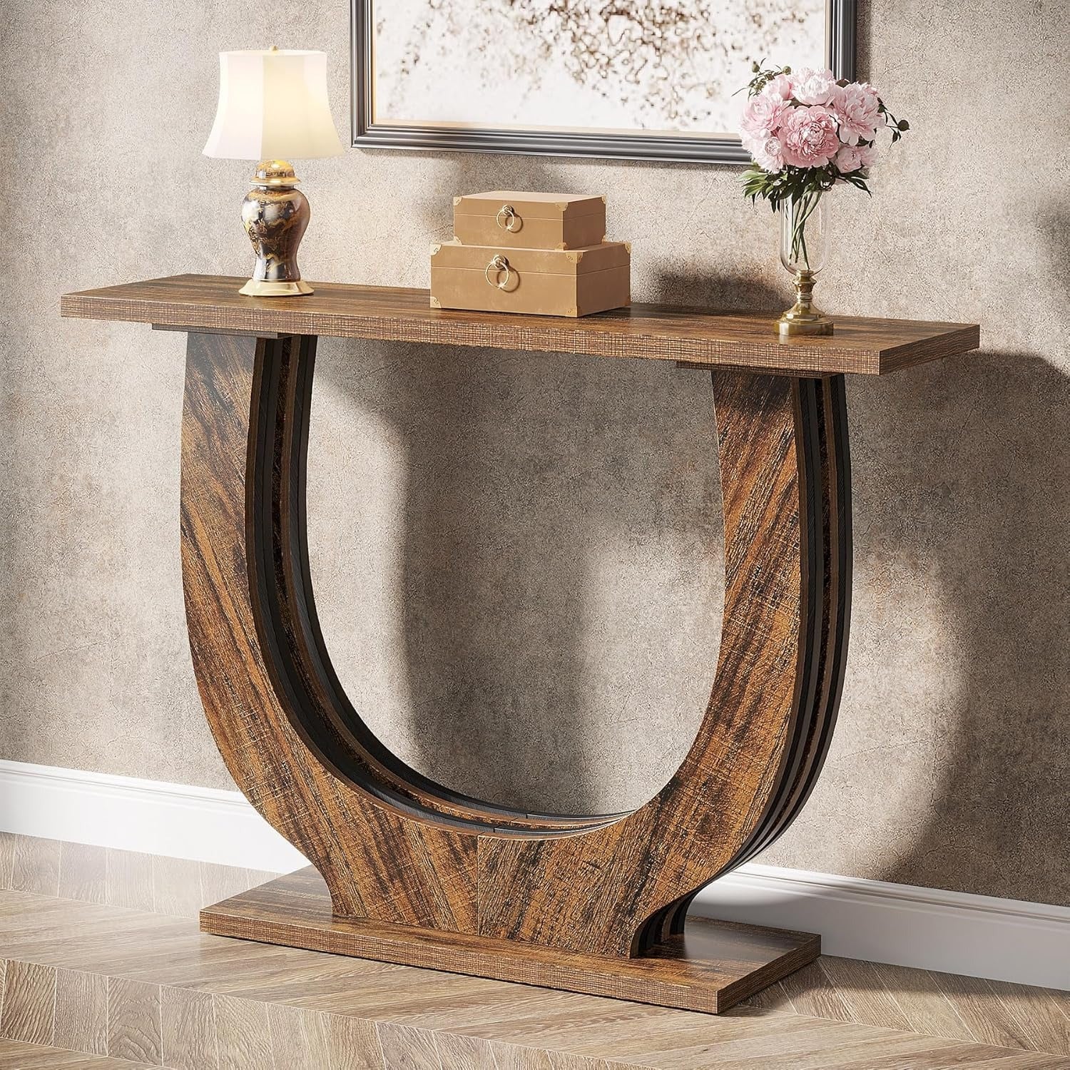 Chic 41.34" Farmhouse Console Table - Rustic Brown & Black, Sturdy Geometric Base, Waterproof Wood Veneer Top - Perfect for Entryway, Hallway, Living Room