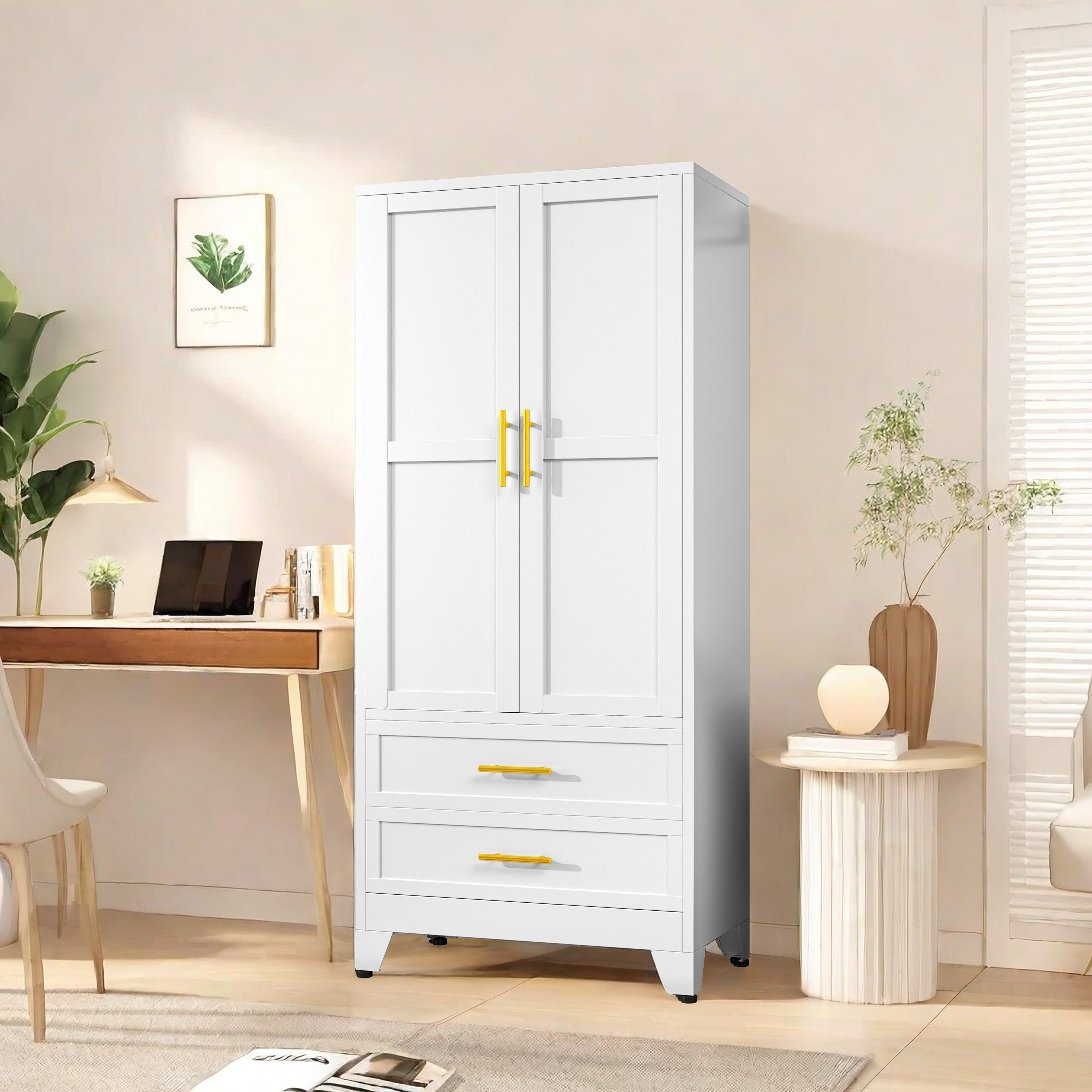 71.39"H Metal Storage Sideboard Armoire Wardrobe Closet with 2 Drawers, Adjustable Shelve, Clothes Drying Pole, Steel Wardrobe Cabinet for Home