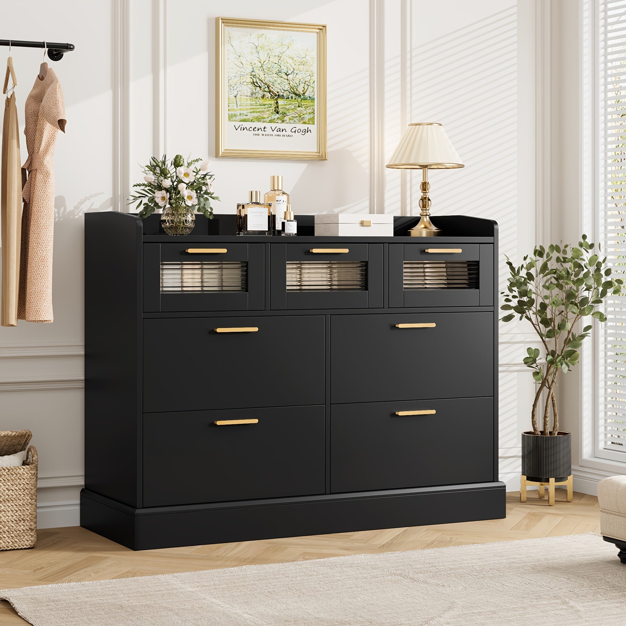 Modern 6 Drawer Dresser For Bedroom, Double Wide Chest Of Drawers With Storage, Tall Dresser With Metal Handle & Fluted Glass, Wood Console Cabinet With Fence For Living Room, Entryway, Ash Gray, White, Black+Gold