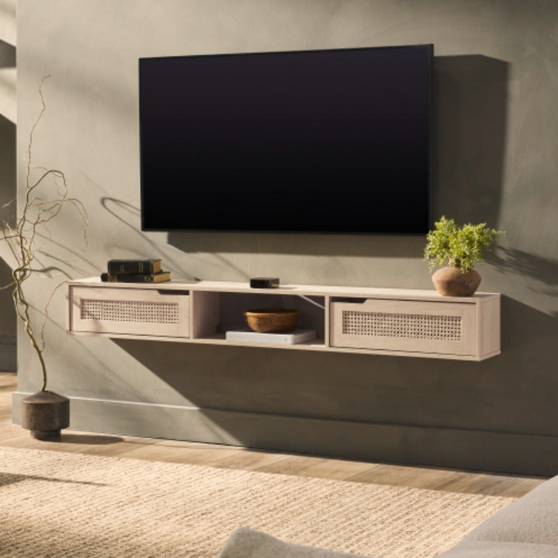 Elegant Dark Wood Floating TV Stand with Natural Rattan Doors, Open Shelves & Sliding-Out Storage - Fits TVs Up to 65 Inches - Ideal for Modern Living Room