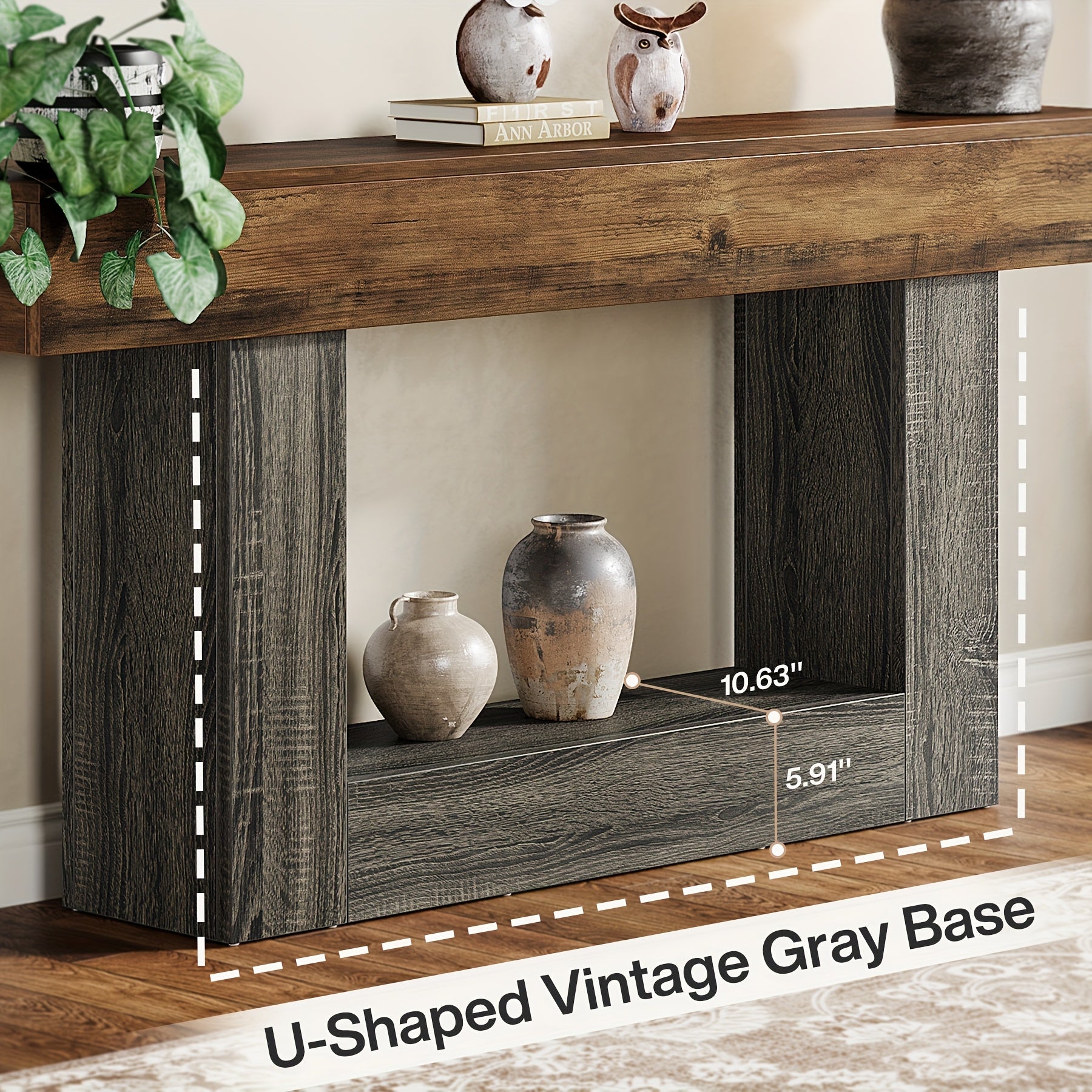 63" Narrow Long Console Table With Storage, Farmhouse 2-Tier Entryway Table With U-Shaped Base, Vintage Wood Sofa Table Behind Couch Table For Living Room, Hallway, Foyer, Rustic Brown And Grey