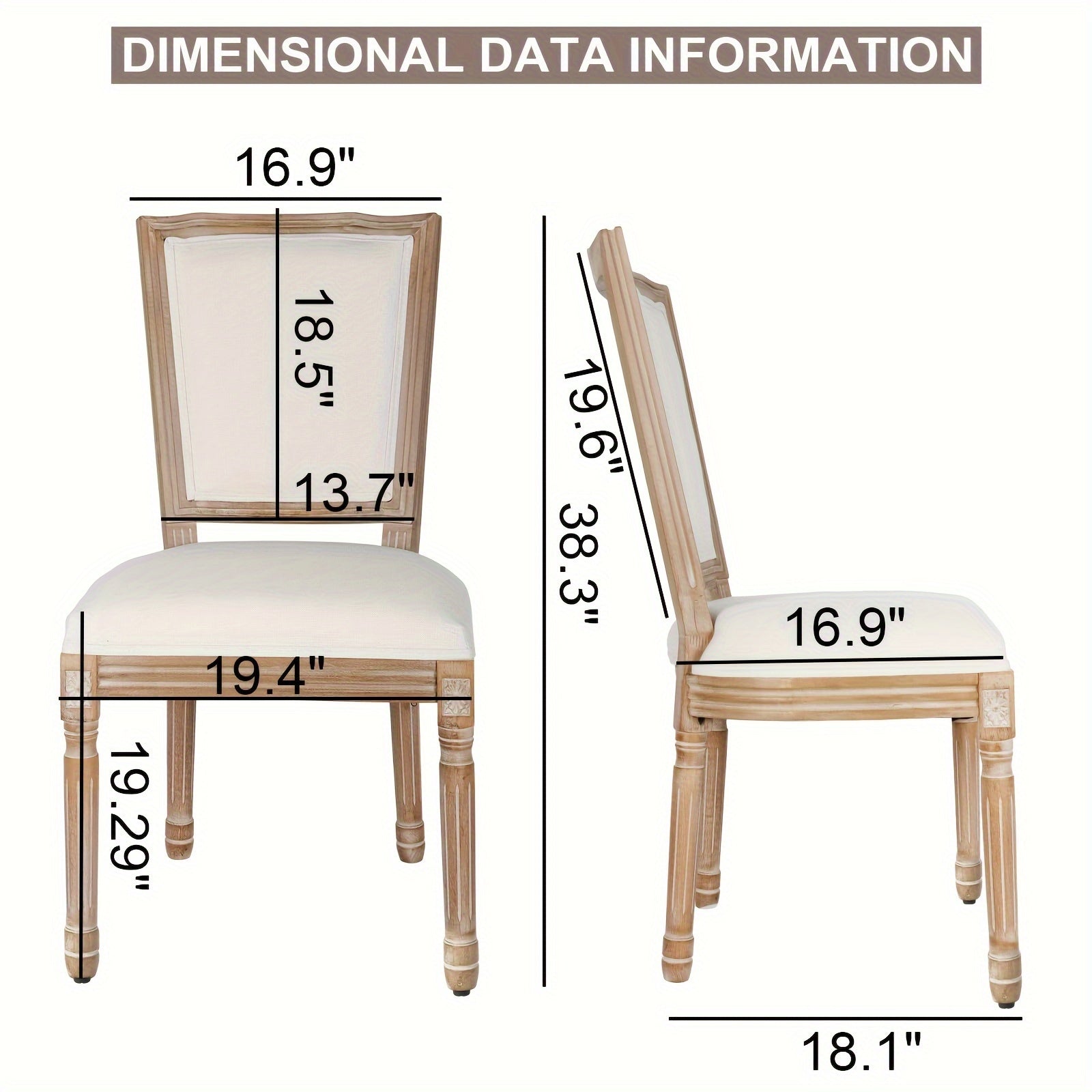 Set of 6 Polar Beige Dining Chairs - Square Back, Solid Wood Legs & Frame for French Country Kitchen or Restaurant, Fabric, Dining Room