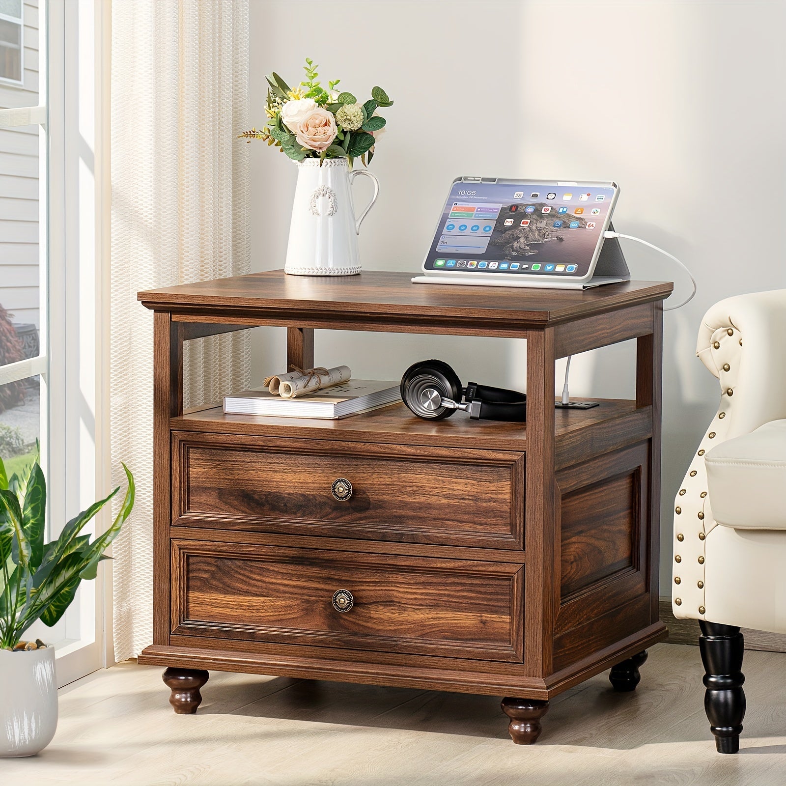 Farmhouse Nightstand With Charging Station, 23.6" Wide End Table With 2 Drawers, Brown Dresser For Bedroom, Bed Side Table Chest Of Drawers Cabinet, Wood Night Stand For Living Room, Closet