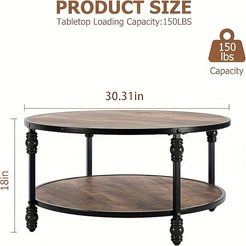 Round Coffee Table for Living Room Rustic Center Table with Storage Shelf Wood Circle Coffee Table with Sturdy Metal Legs, Easy Assembly