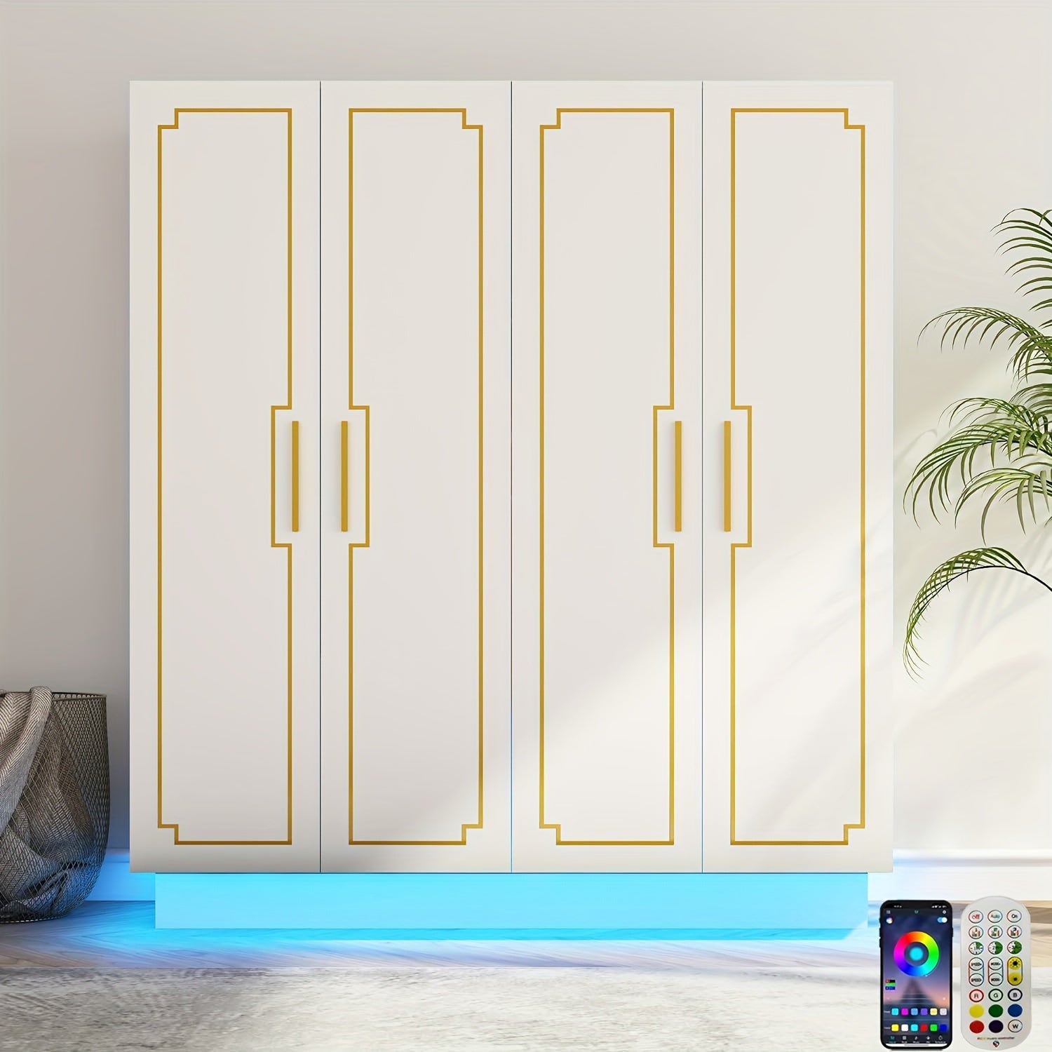 70in LED 4 Doors Armoires Wardrobe Closet&Cabinet With Metal Hanging Rod, Freestanding Bedroom White Tall Armoires With RGB LED 60000-color Lights For Bedroom Office Clothes Organizer Freestanding Bedroom Black Tall Armoires