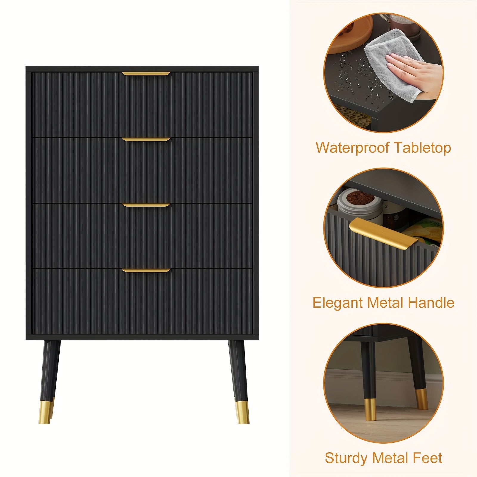 Fluted Drawers Elegant 4-Drawer Fluted Dresser in Dark Black with Golden Metal Handles - Modern Wood Storage Chest on Sturdy Legs, Easy Assembly, Perfect for Bedroom or Hallway Organizer