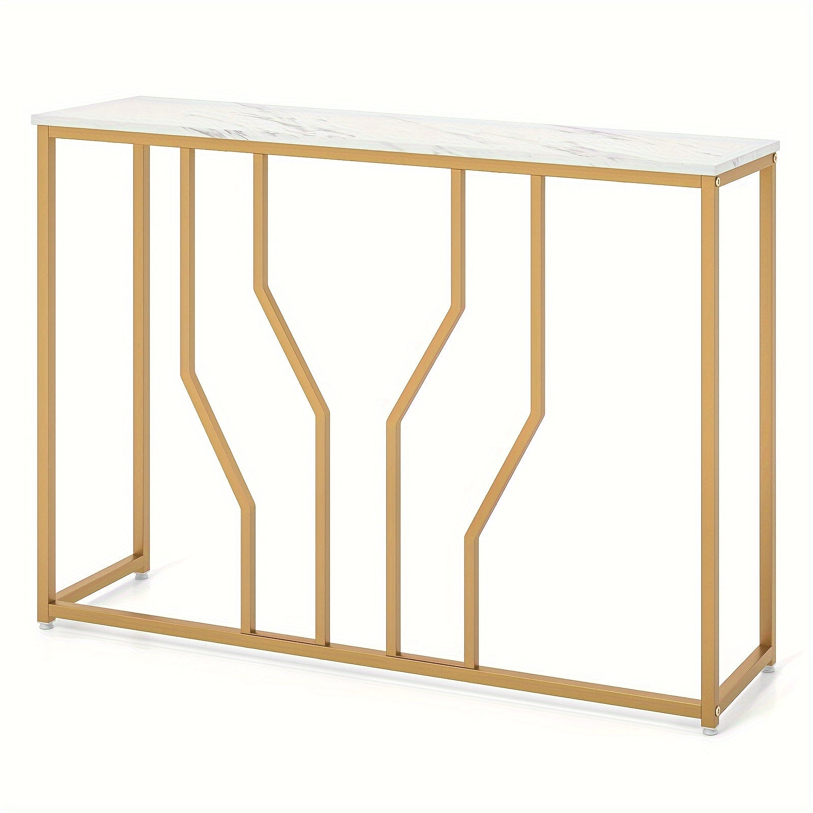 1pc 44" Golden Console Table With Faux Marble Tabletop Golden Metal Frame For Entrance