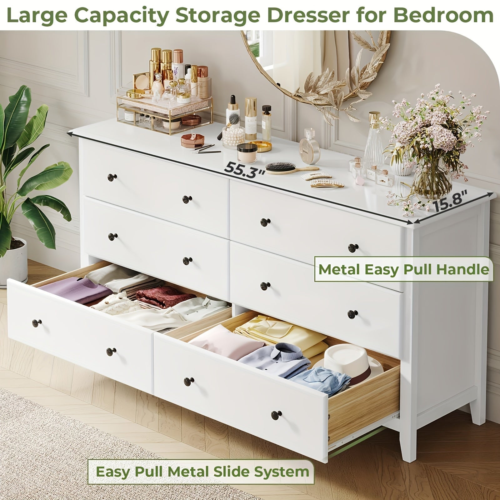 6 Drawer Dresser Large Capacity Storage Cabinet With Metal Slides For Bedroom Living Room White - White - Dresser