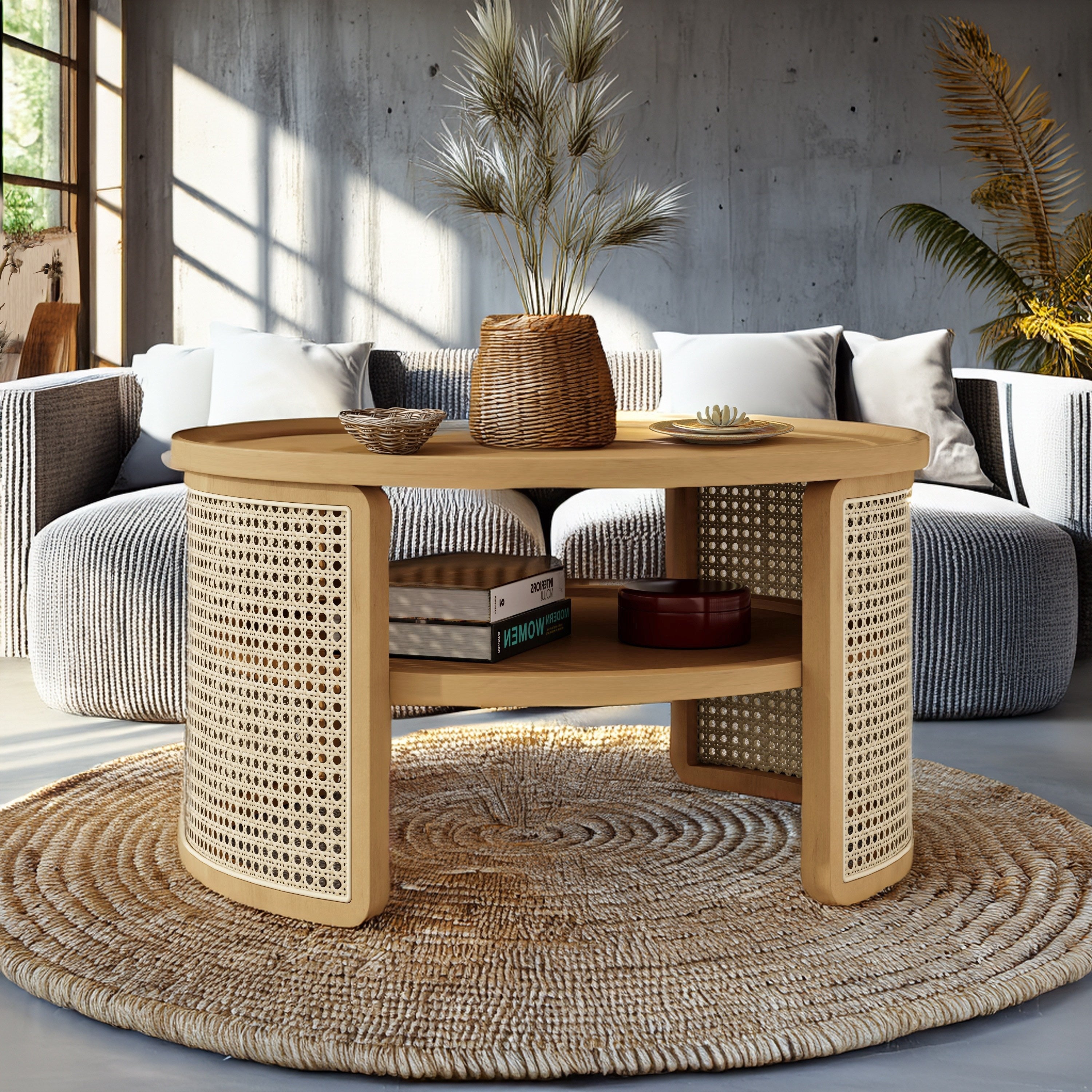 2-Tier Round Coffee Table With Storage - Natural Wood Top And Rattan Base, 31.3''