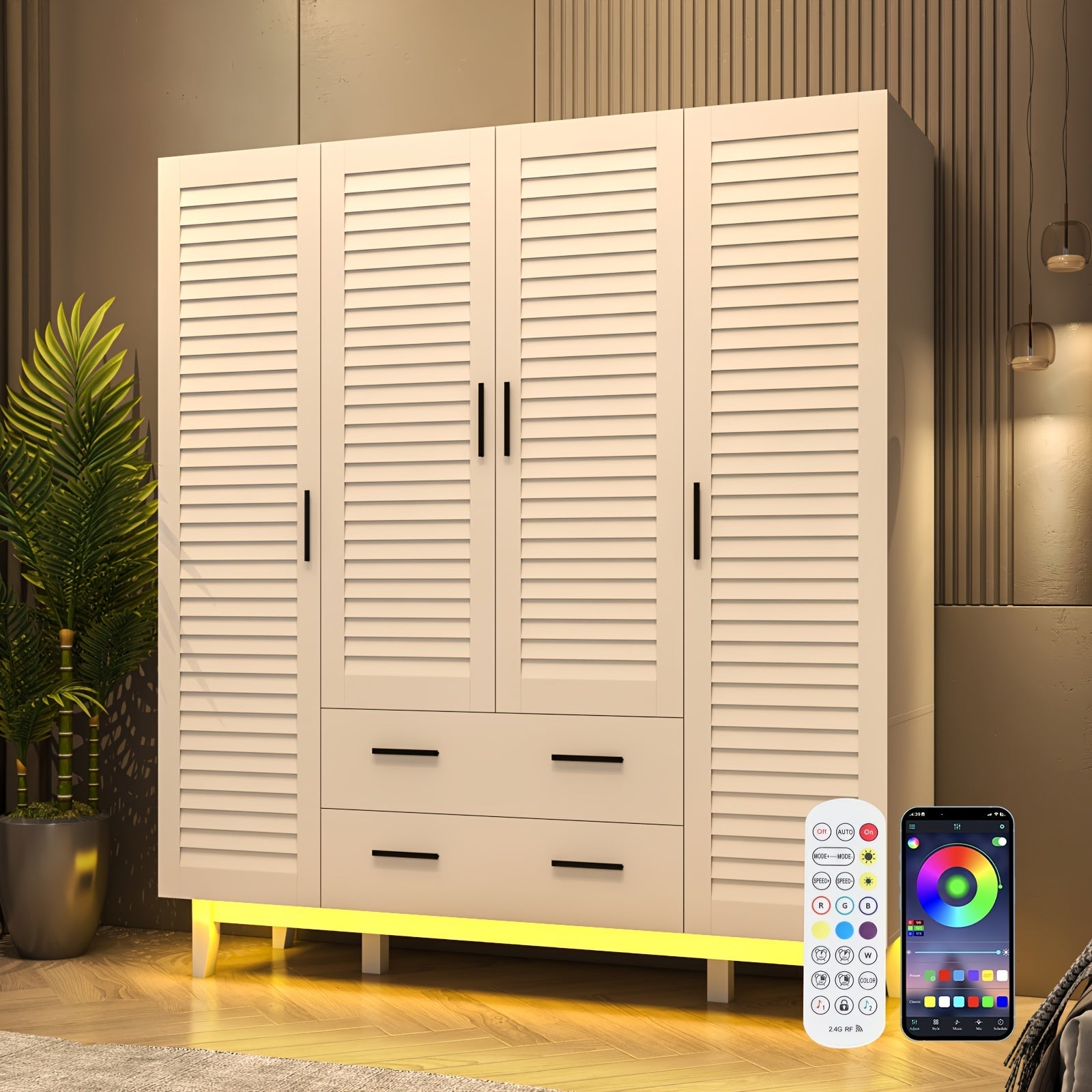 Spacious 4-Door White Armoire Wardrobe with LED Lights & Drawers - Multi-Tier Storage, Hanging Rod, Safety Features - Ideal for Bedroom Organization