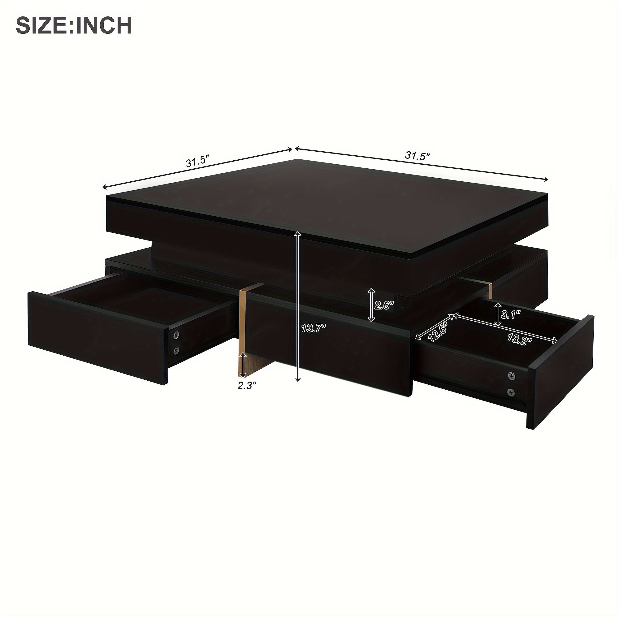 Modern High Gloss Coffee Table with 4 Drawers, Multi-Storage Square Cocktail Tea Table with Wood Grain Legs, Center Table for Living Room