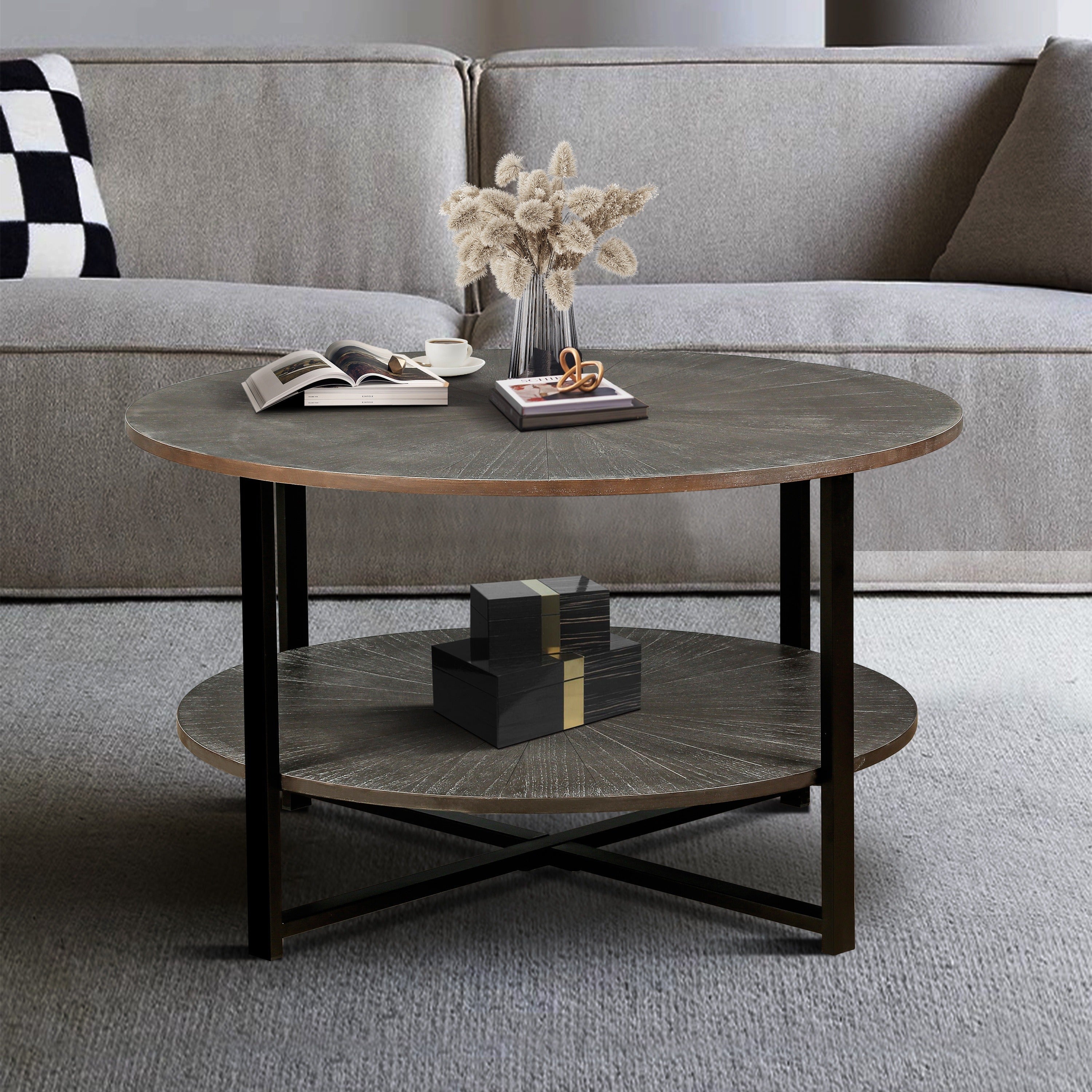 Round Coffee Table With 2-Tier Storage, Farmhouse Living Room Cocktail Table With Black Metal Leg