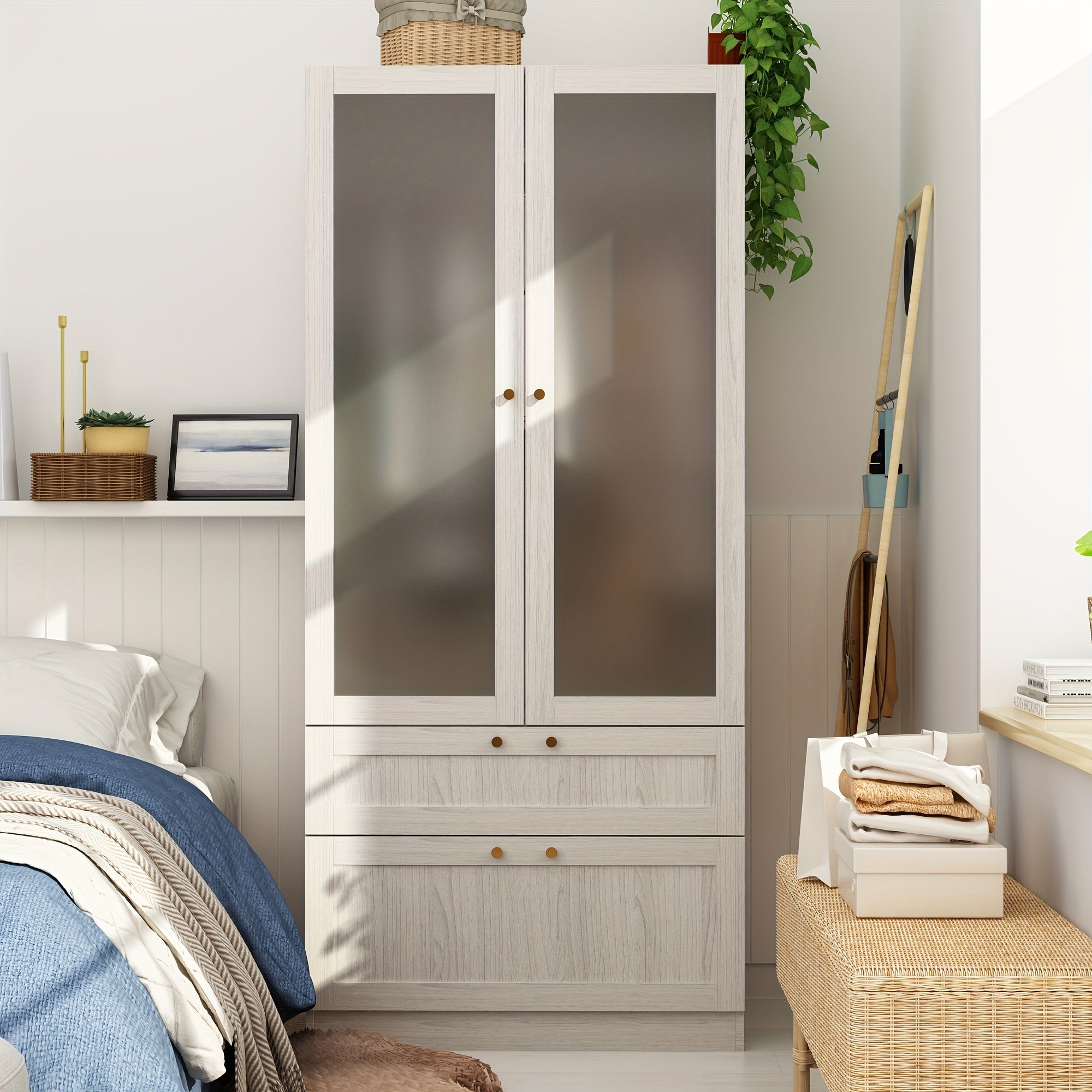 1pc Wardrobe Closet With Frosted Glass Doors, Hanging Bar & 2 Drawers, Bedroom White Wooden Closet Storage Cabinet, 31.5X19.88X70.87inch, Frosted Glass Appears To Be Transparent But Not Transparent, With A Top Cabinet, Side C