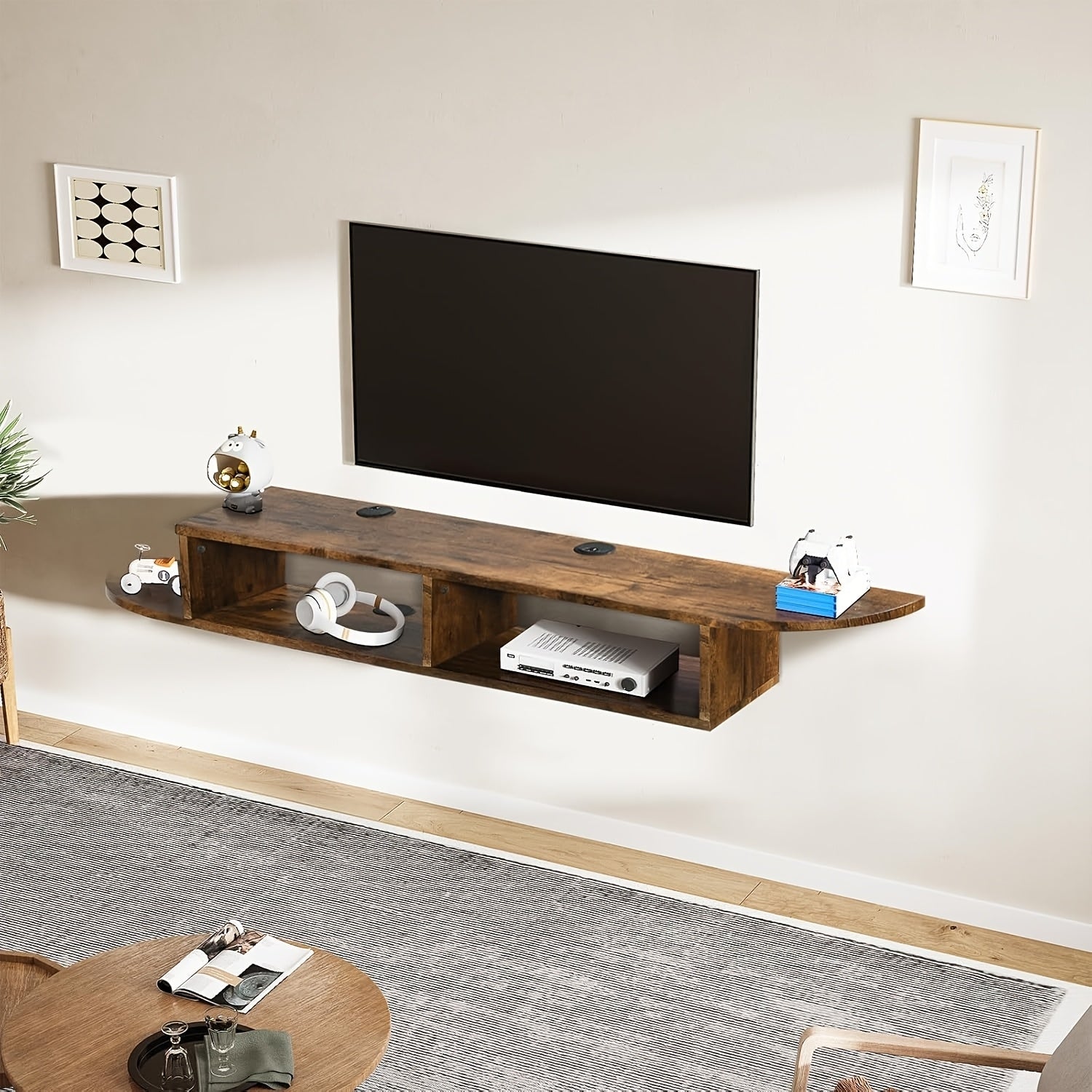 Contemporary Floating TV Stand with Storage, 55" Wall-Mounted Entertainment Center Shelf, Log Material, No Electricity Needed, for Living Room and Laboratory Display, Tv Console for Living Room