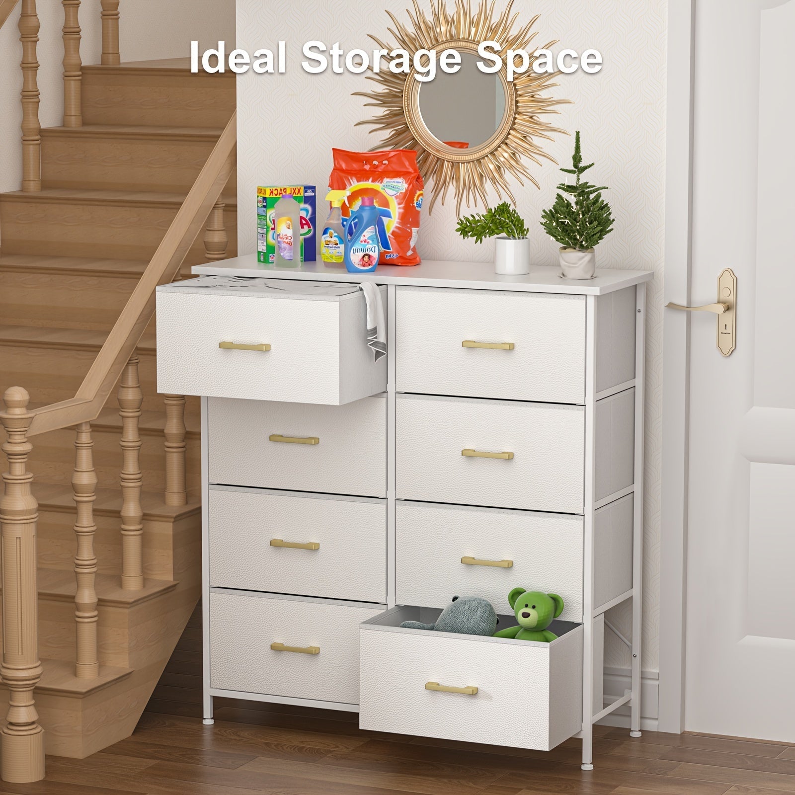 Dresser For Bedroom With 8 Drawers, Chest Of Drawers For Closet, Living Room, Hallway, White Dresser With Sturdy Steel Frame, Fabric Bins, (Glacier White)