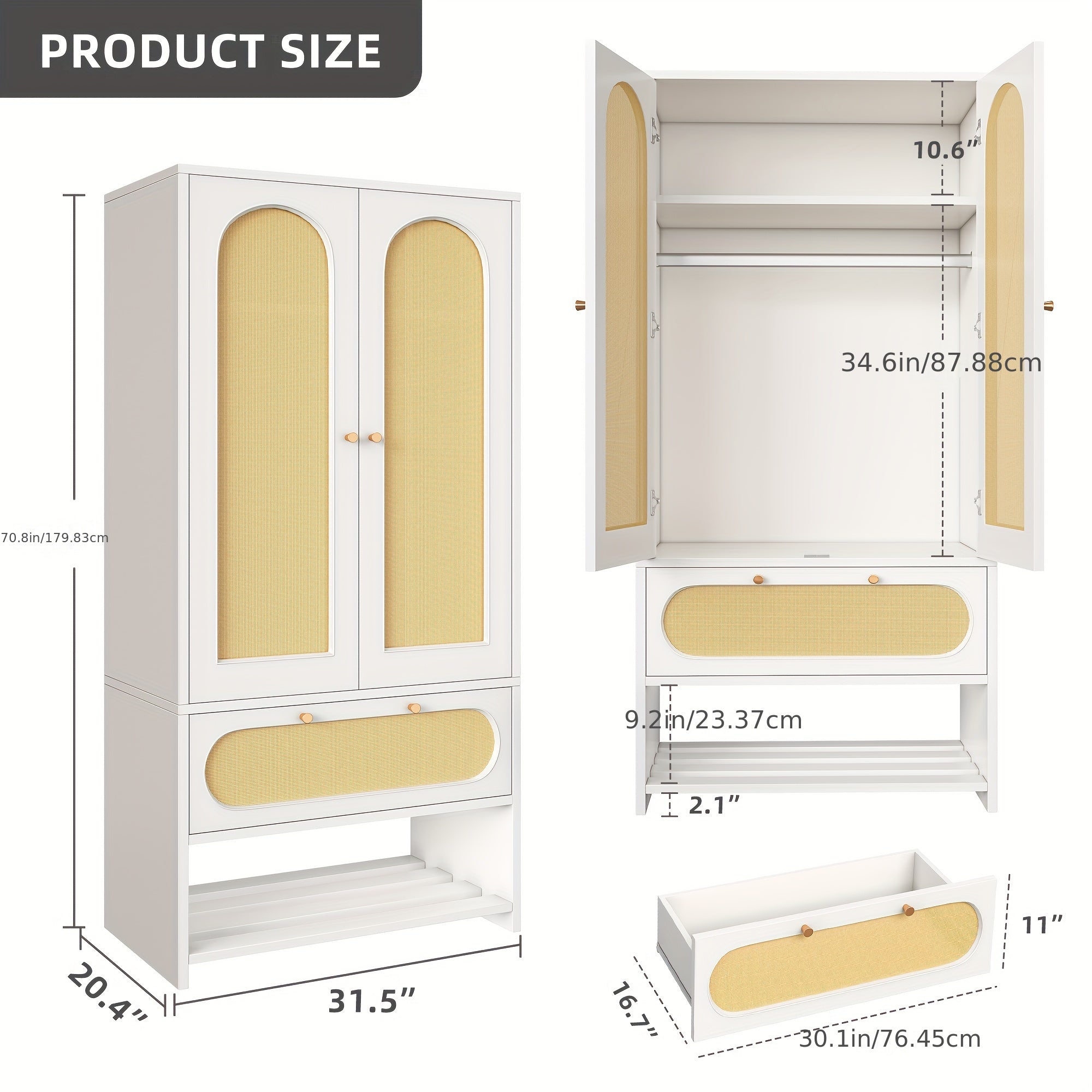 White 2-Door Wood Armoire Wardrobe with Natural Rattan Lining - MDF Clothes Organizer with Hanging Rod, Storage Drawers & Decorative Knobs, 20.4x31.5x70.8 inches, Clothes Storage