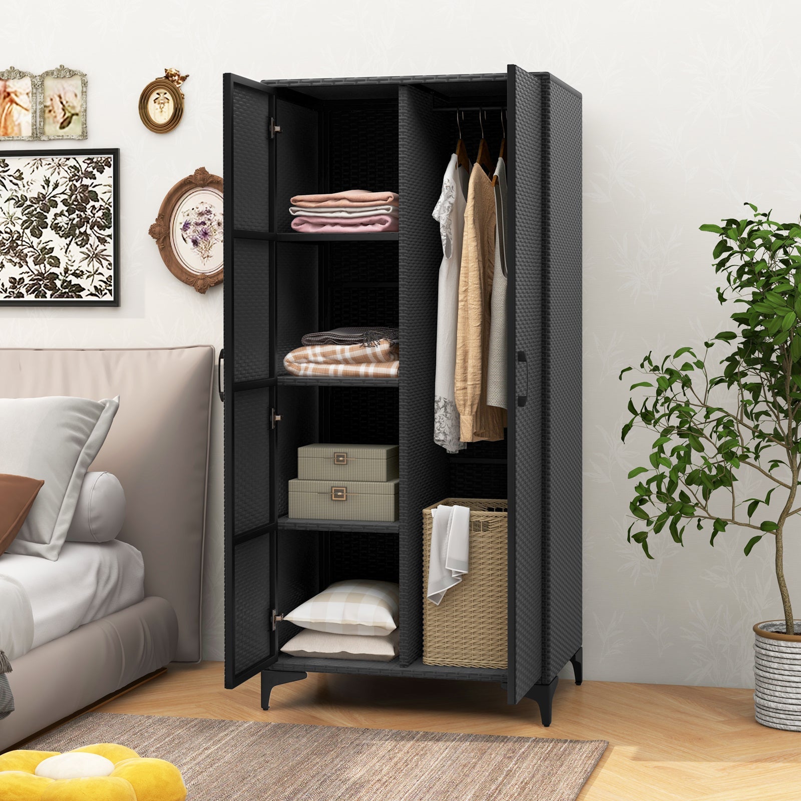 62" Black Wicker Wardrobe with 2 Doors, PE Rattan Armoire Closet on Sturdy Metal Frame - Includes Hanging Rod & 4 Storage Cubes, Ideal for Bedroom, Patio, Garage - Elegant, Durable & Versatile Organizer, Portable Closet