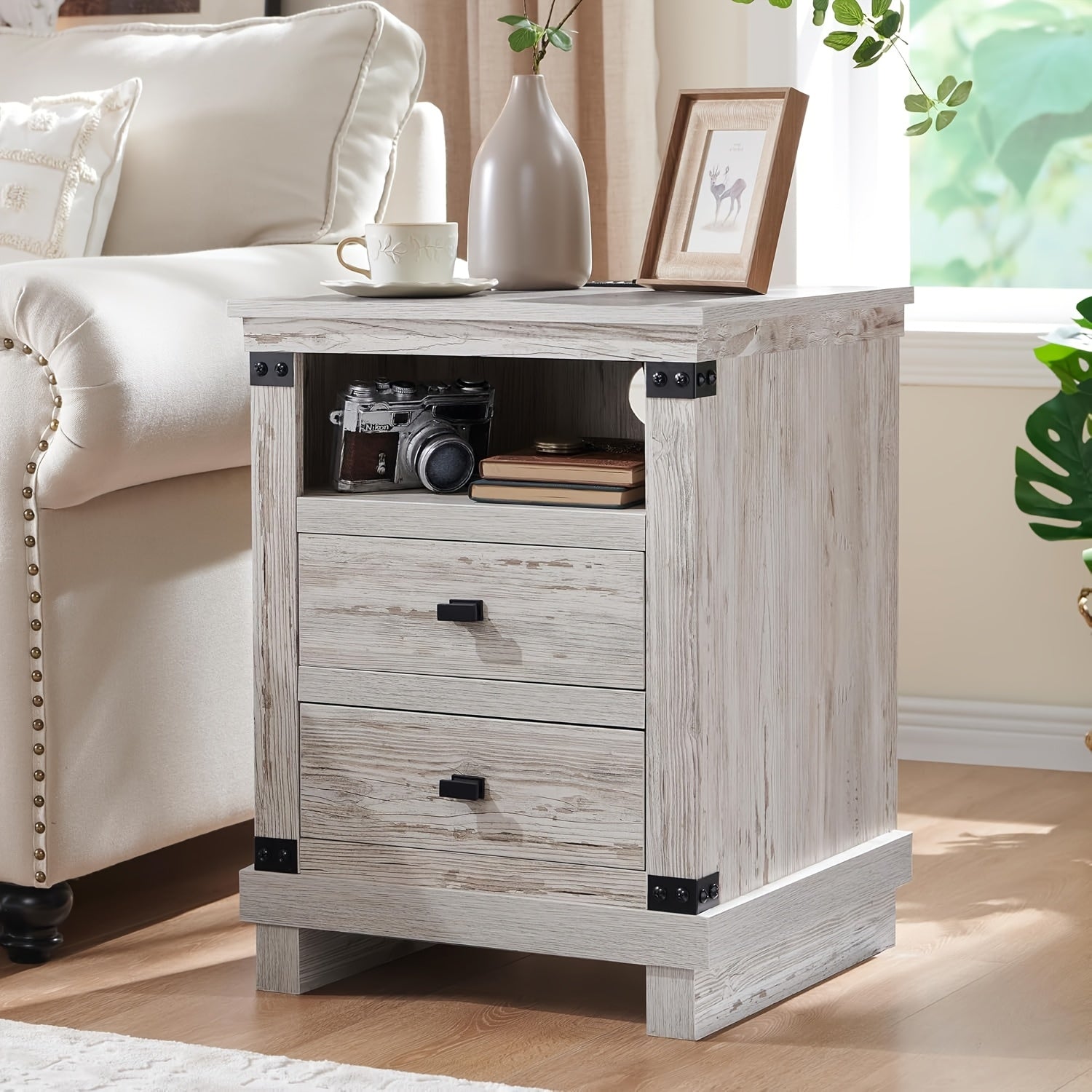 Rustic Farmhouse Nightstand with Charging Station, 18" Rustic Night Stand with 2 Storage Drawers, Wooden End Table for Bedroom, Living Room