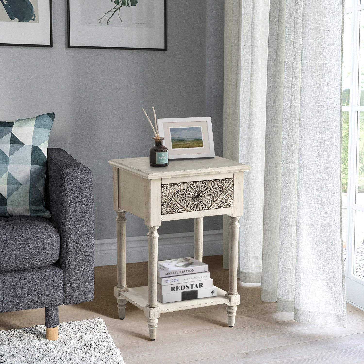 Vintage Nightstand, MDF Tier Bedside Table, Wood Accent End Table with Storage Drawer and Open Display Shelf for Bedroom Living Room