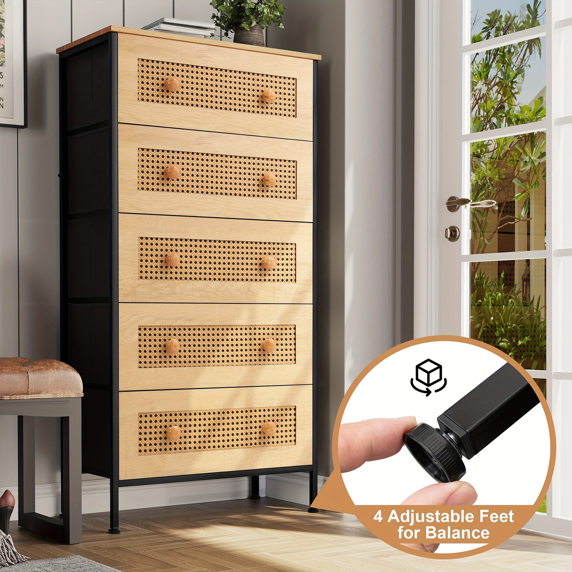 Dresser for Bedroom, Storage Drawers, Rattan Dresser Storage Tower with 5 Drawers, Chest of Drawers with Fabric Bins, for Kid room, Closet, Entryway, Nursery