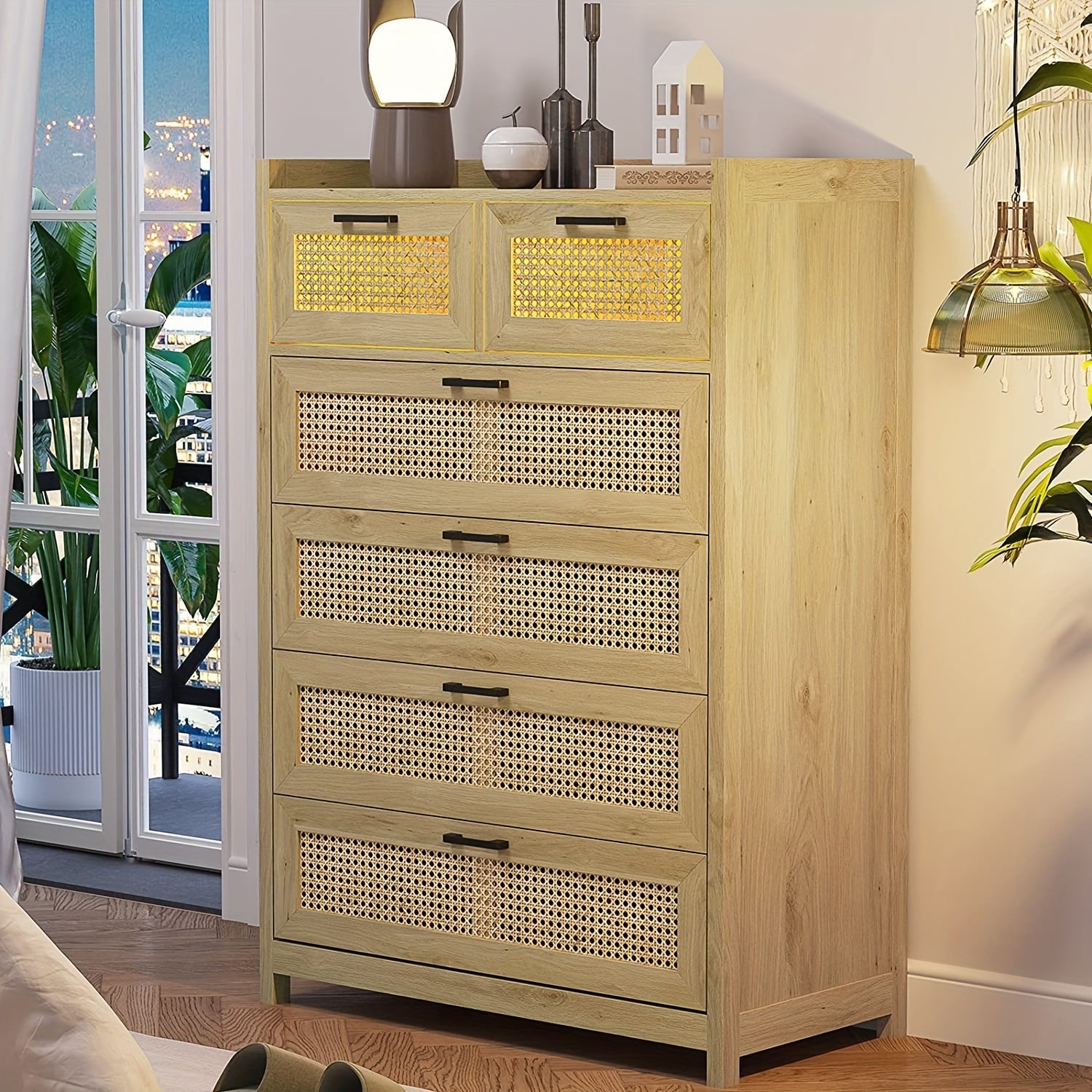 Rattan Dresser With LED Lights For Bedroom 6 Drawer Dresser Chest Of Drawers For Bedroom, Living Room, Hallway