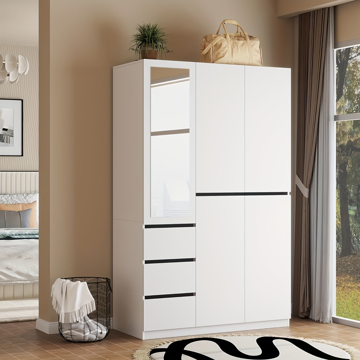 Modern 5-Door Armoire with Mirror - Lockable, Spacious Wardrobe Closet with 3 Drawers & Shelf Storage